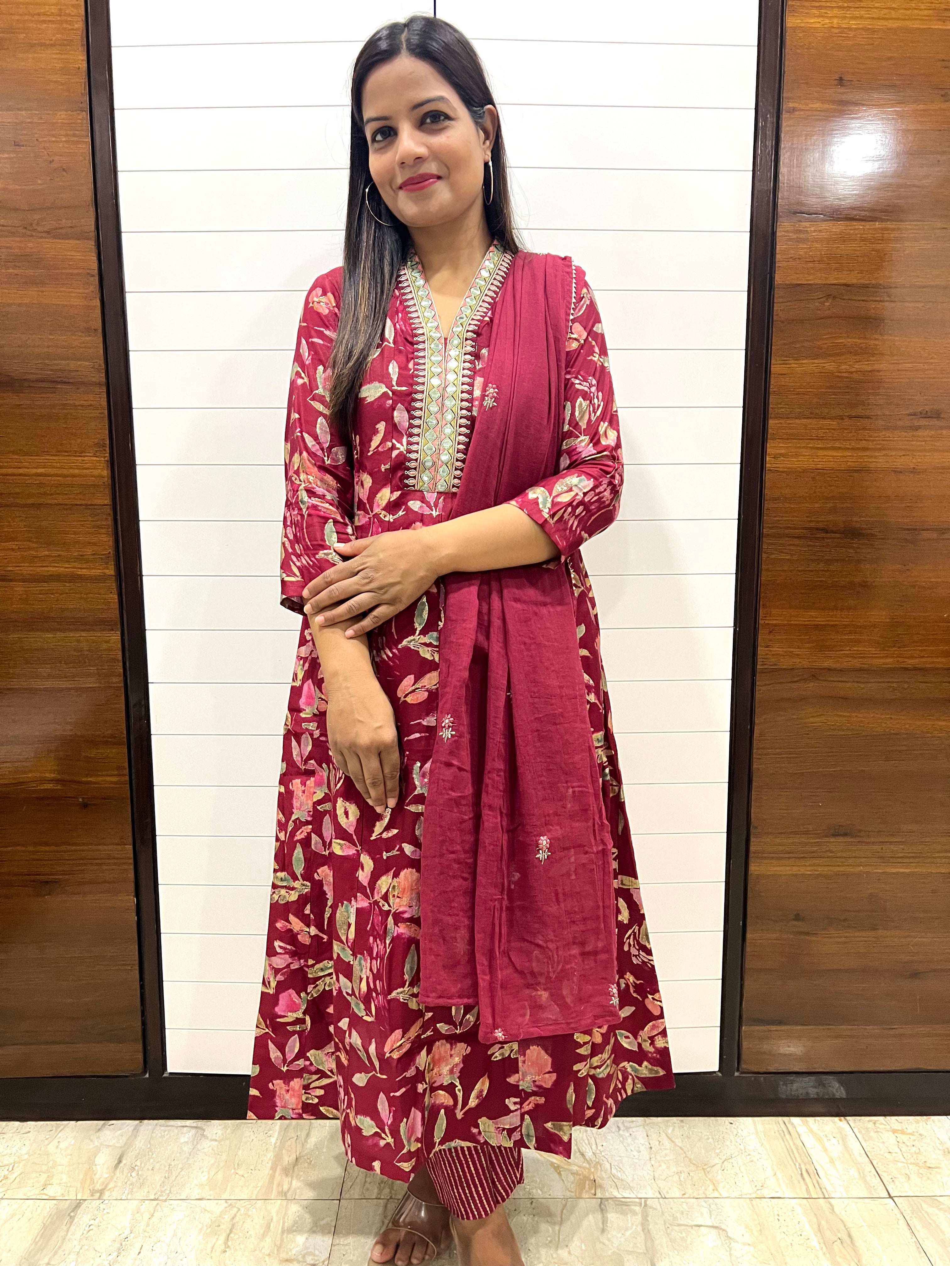Maslin Cotton Festive Embroidered Feeding Friendly Anarkali Pant and Dupatta Set with Attached Lining