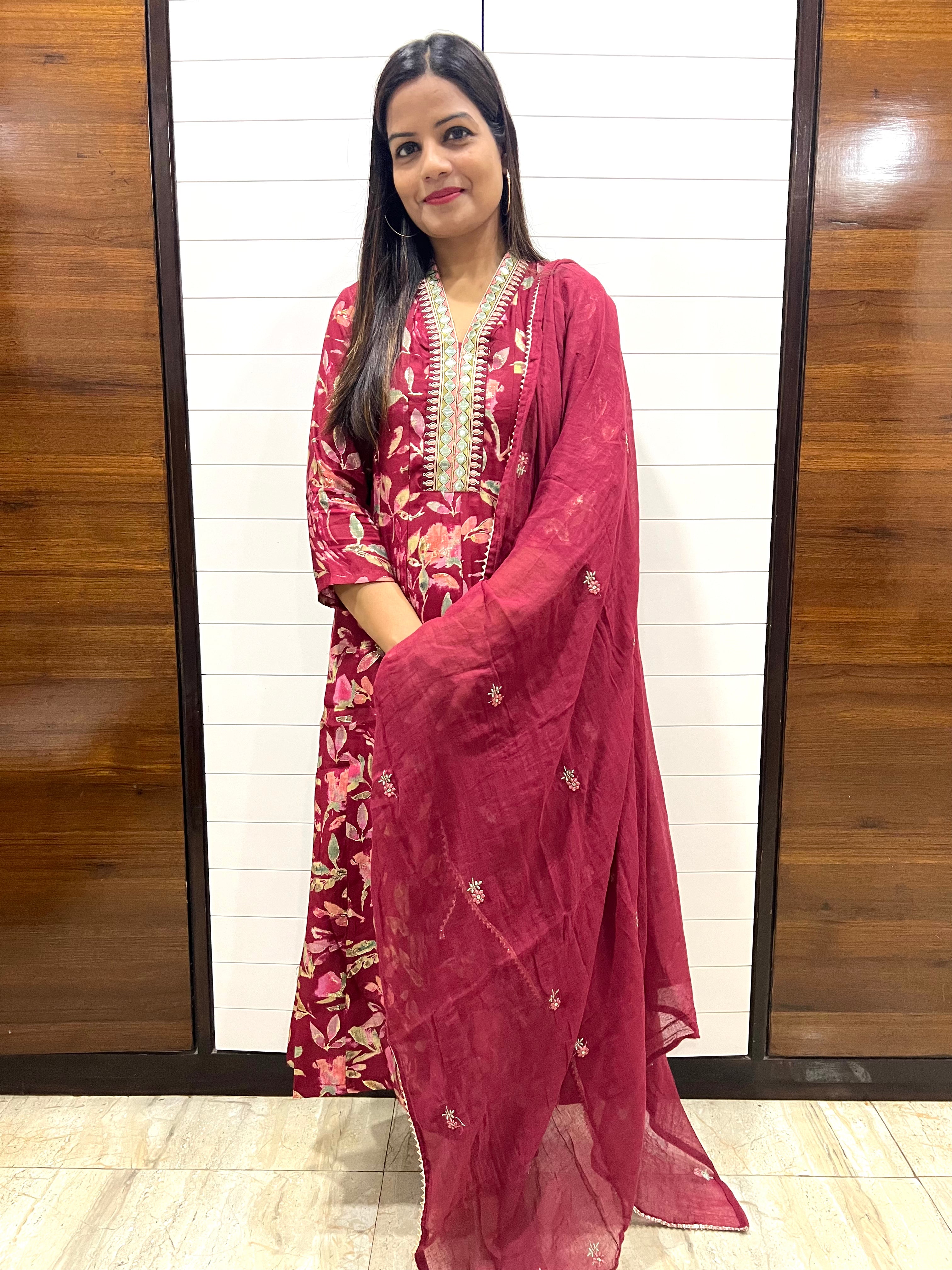 Maslin Cotton Festive Embroidered Feeding Friendly Anarkali Pant and Dupatta Set with Attached Lining