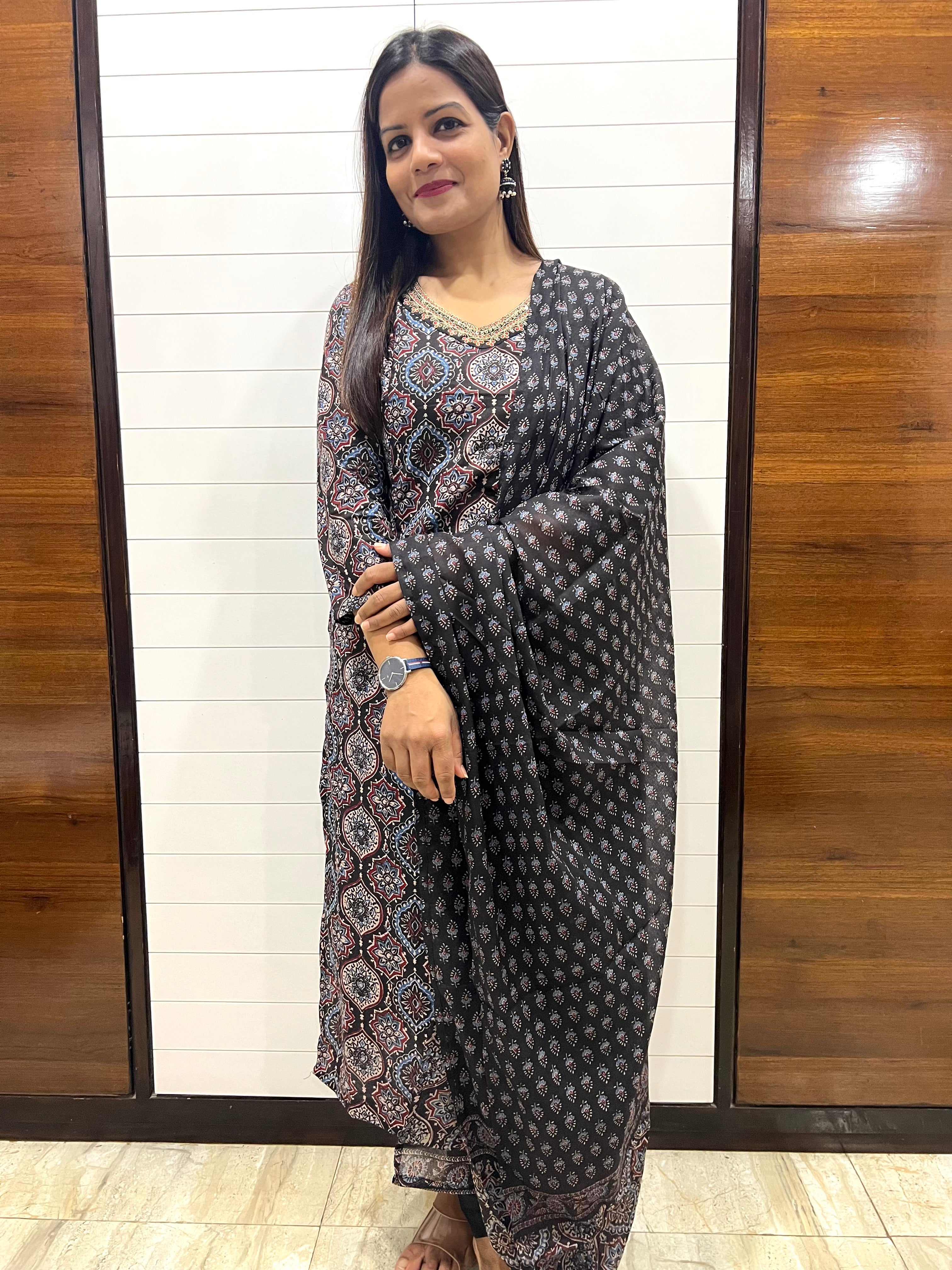 Black Jaipuri Print Pure Cotton Feeding Kurta Pant and Dupatta Set