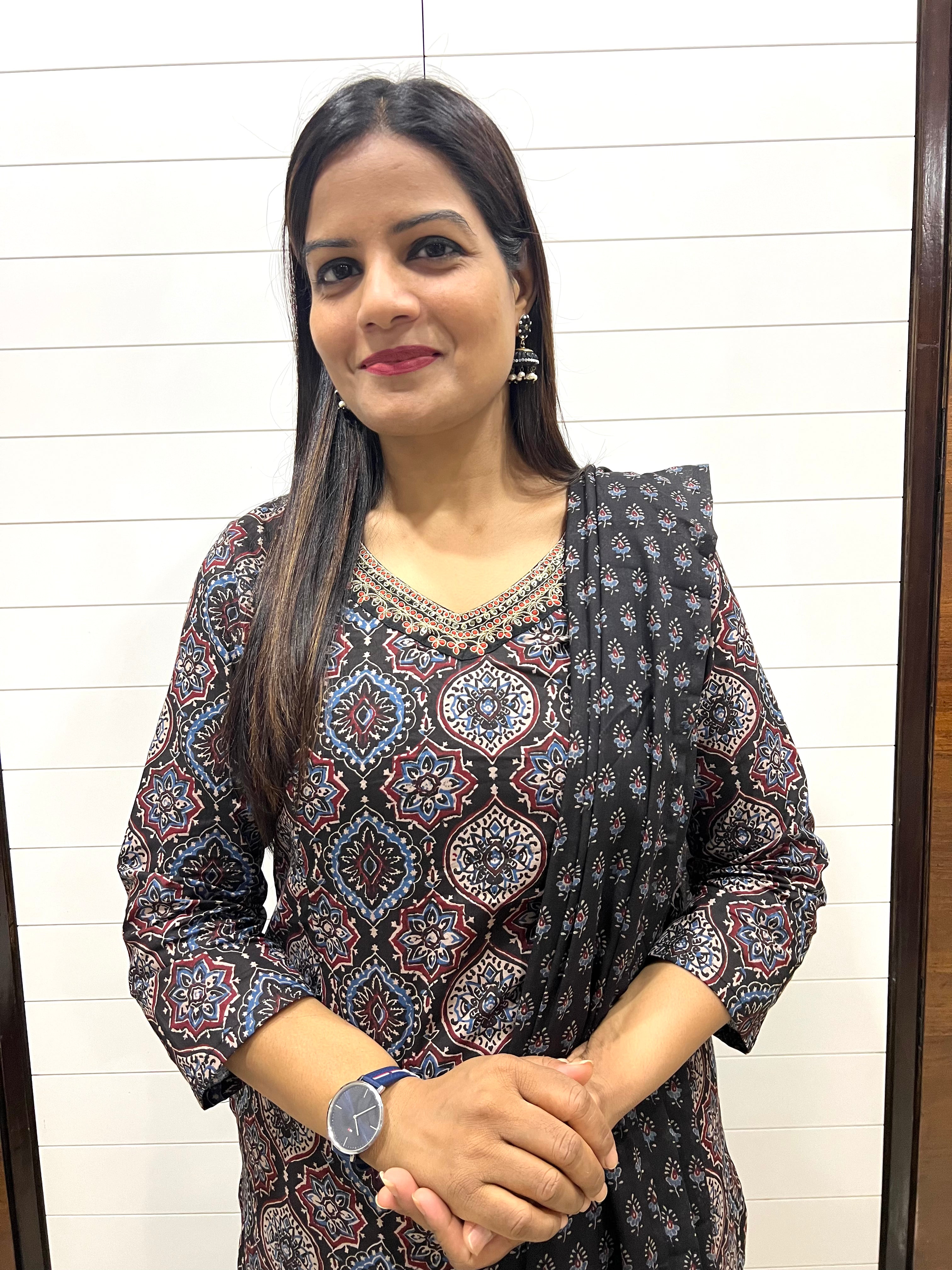 Black Jaipuri Print Pure Cotton Feeding Kurta Pant and Dupatta Set