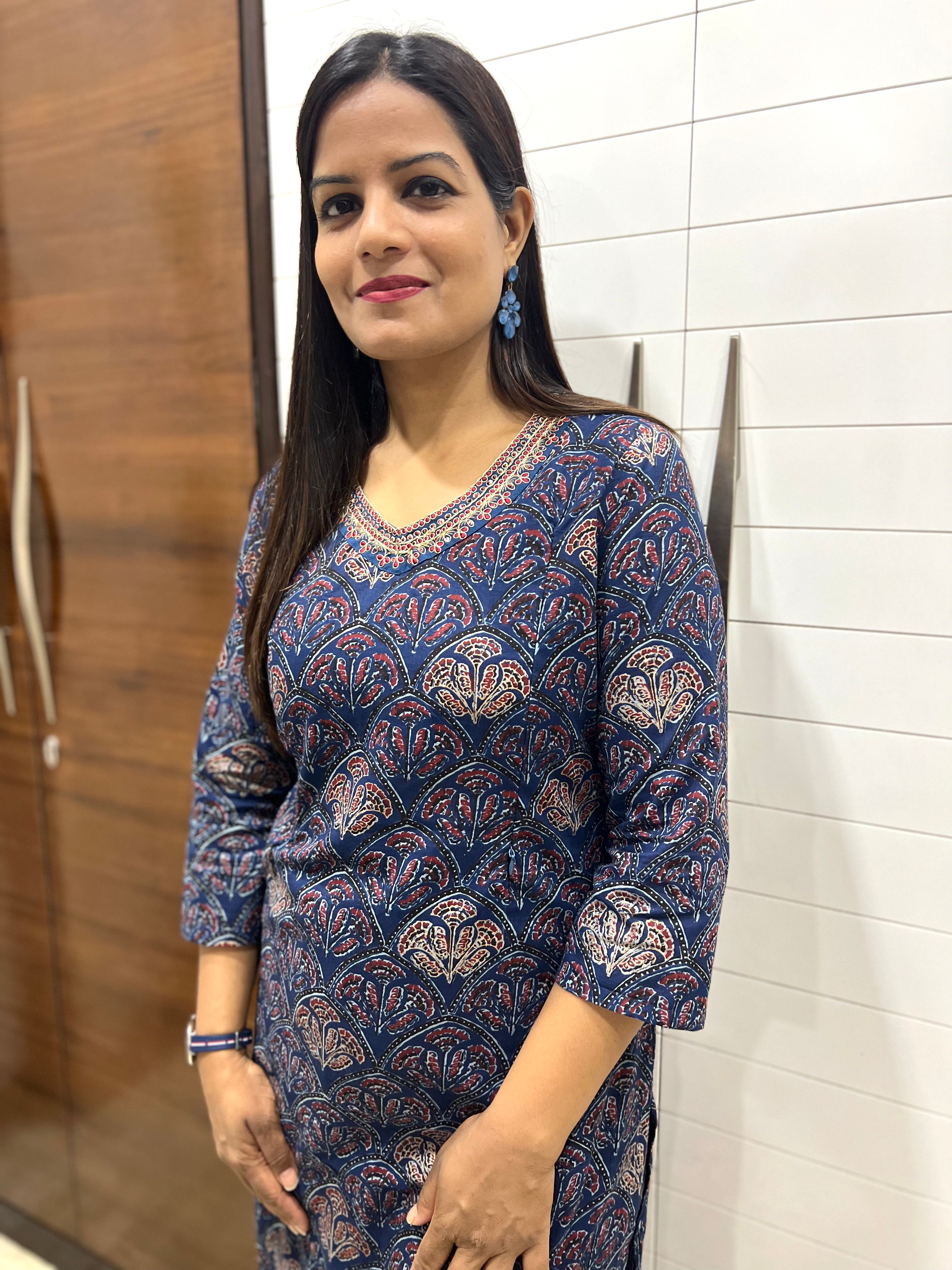 Blue Pure Cotton Jaipuri Print Feeding Kurta Pant and Dupatta Set
