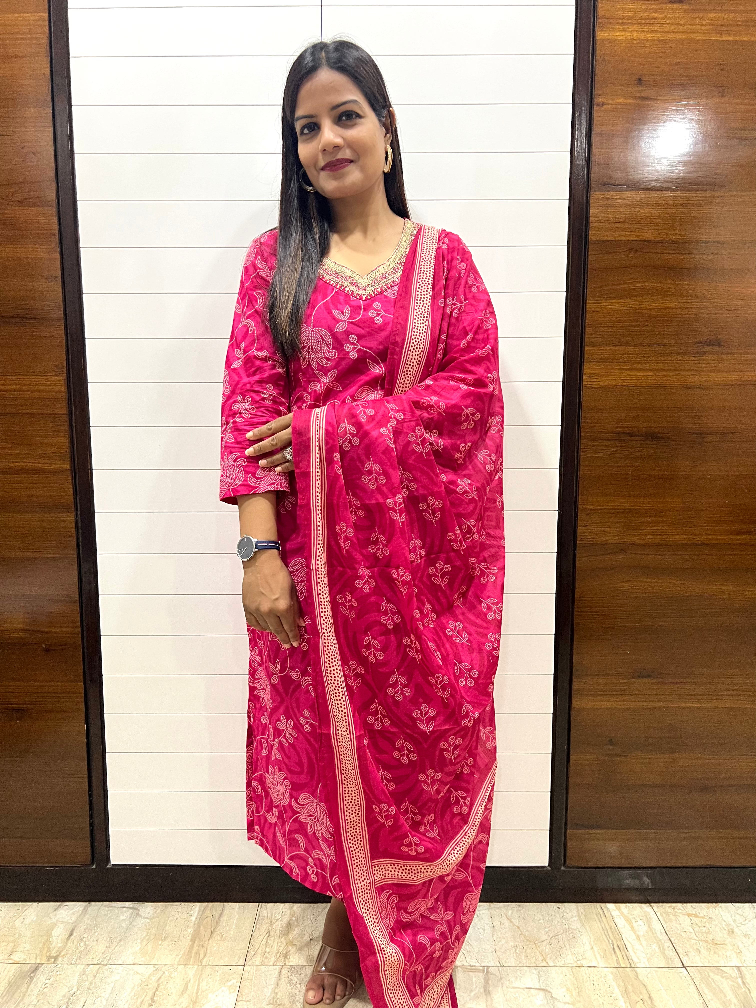 Fuchsia Pure Printed Cotton Feeding Kurta Pant and Dupatta Set