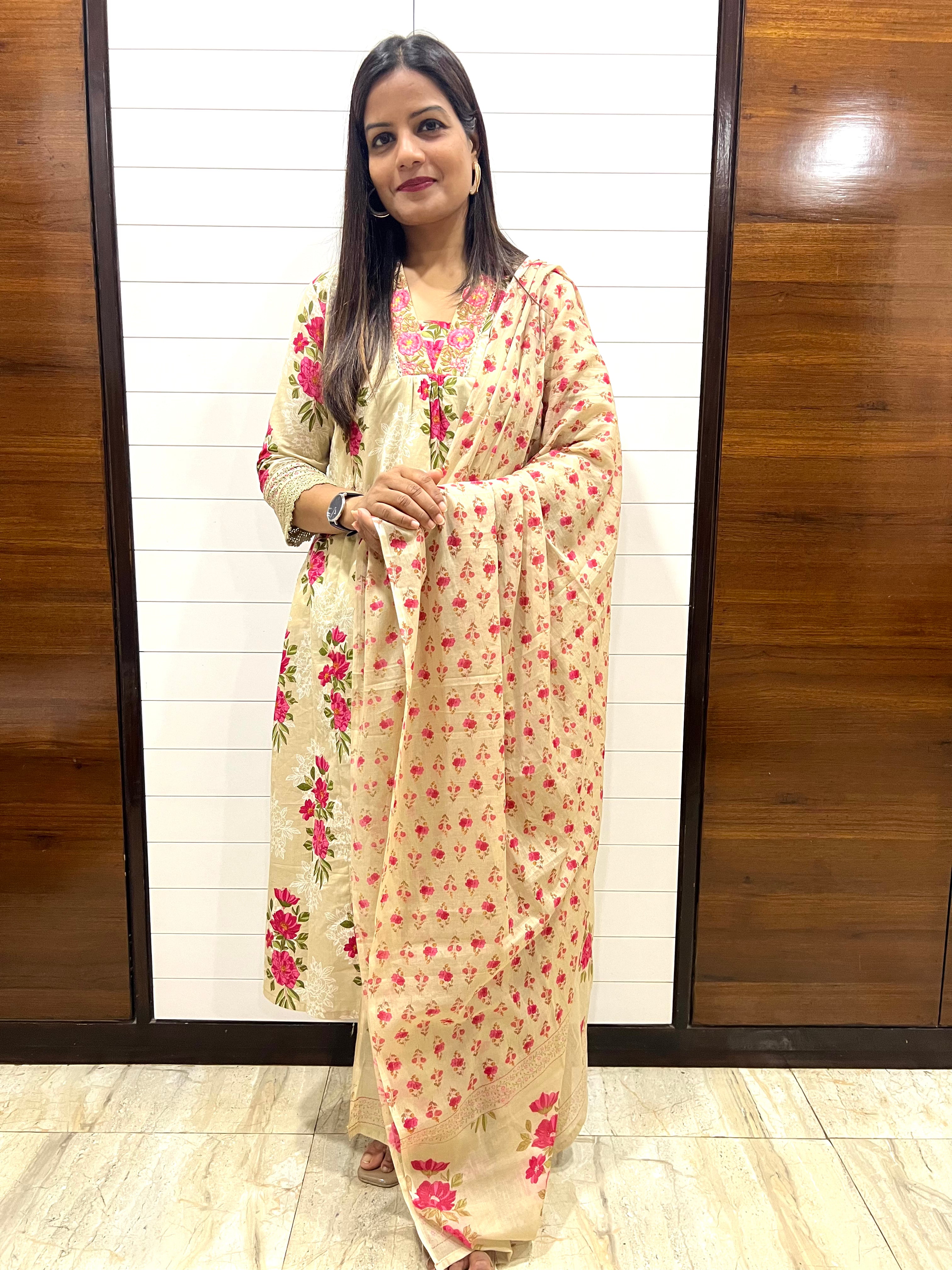 Beige Pure Cotton Embroidered A-Line Kurta Pant and Dupatta Set for Feeding and Maternity Purpose