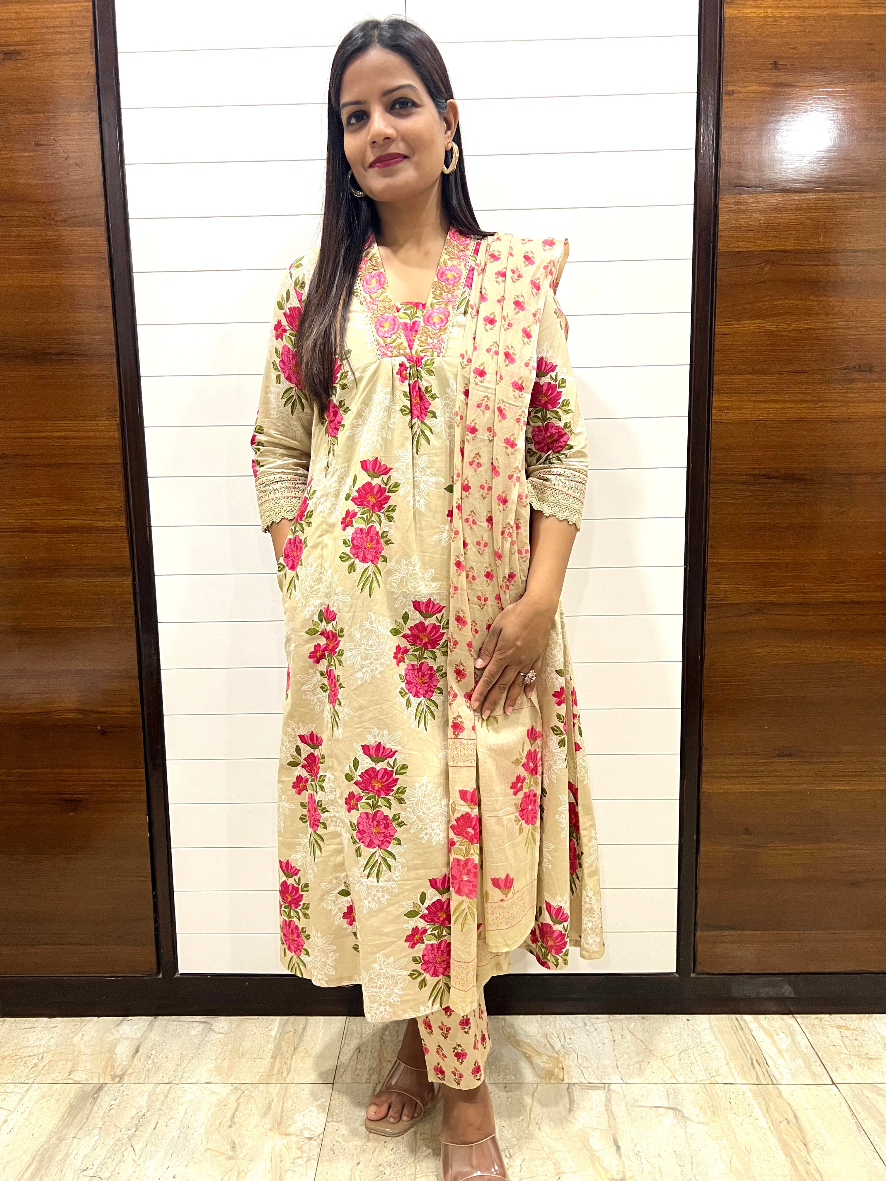 Beige Pure Cotton Embroidered A-Line Kurta Pant and Dupatta Set for Feeding and Maternity Purpose