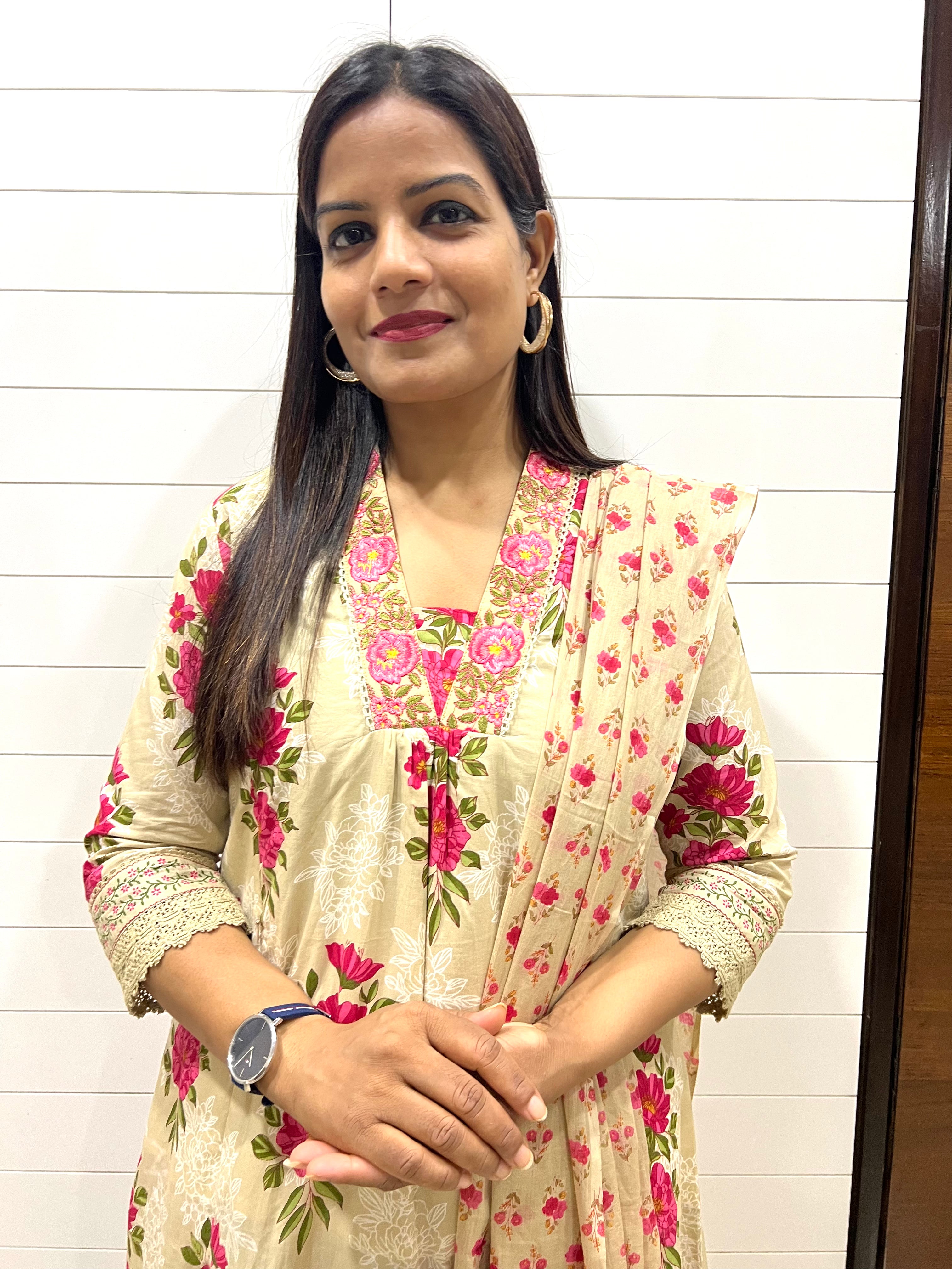 Beige Pure Cotton Embroidered A-Line Kurta Pant and Dupatta Set for Feeding and Maternity Purpose