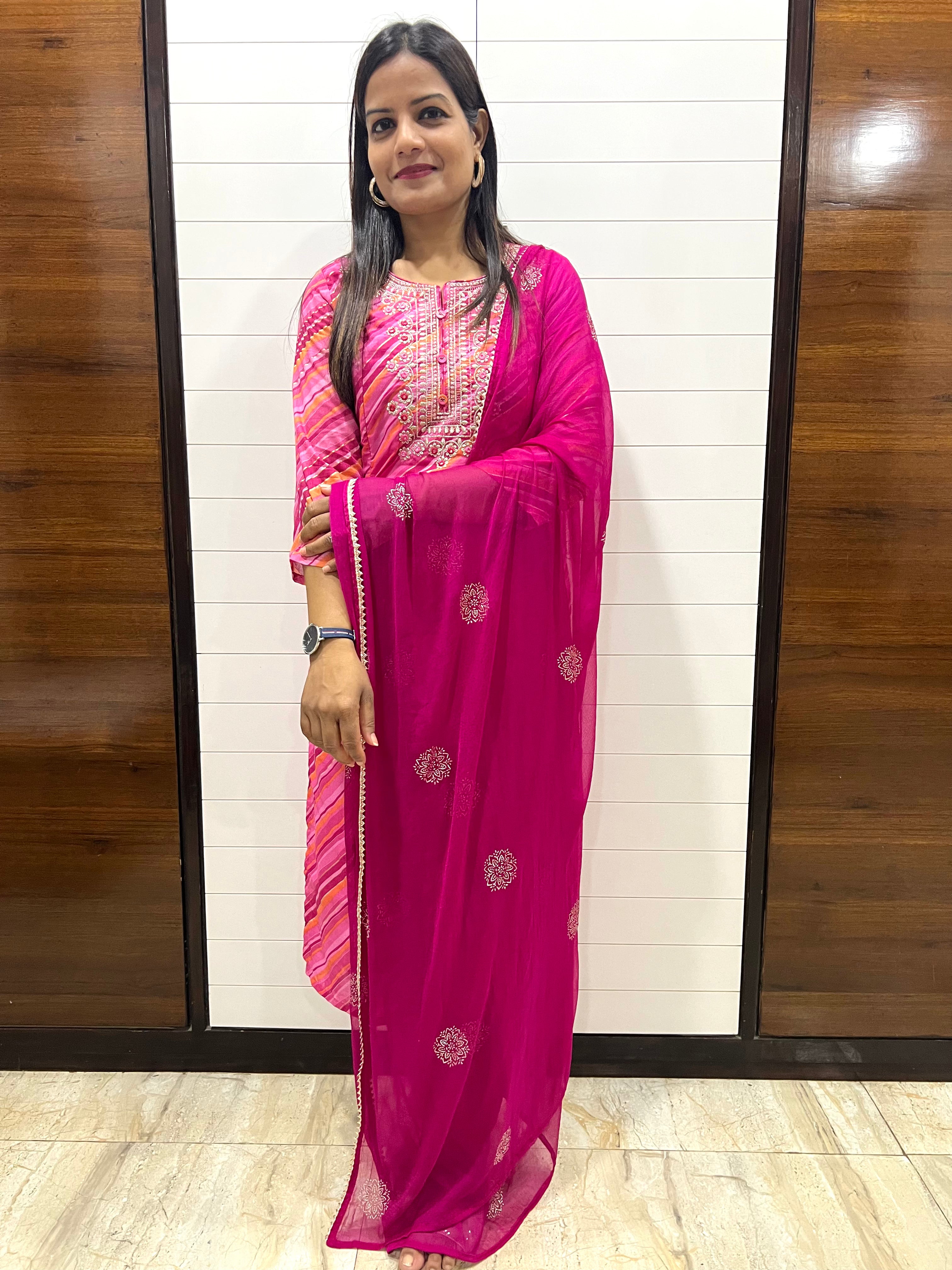 Fuchsia Cotton Embroidered Feeding Kurta Pant and Chiffon Dupatta with Attached Lining