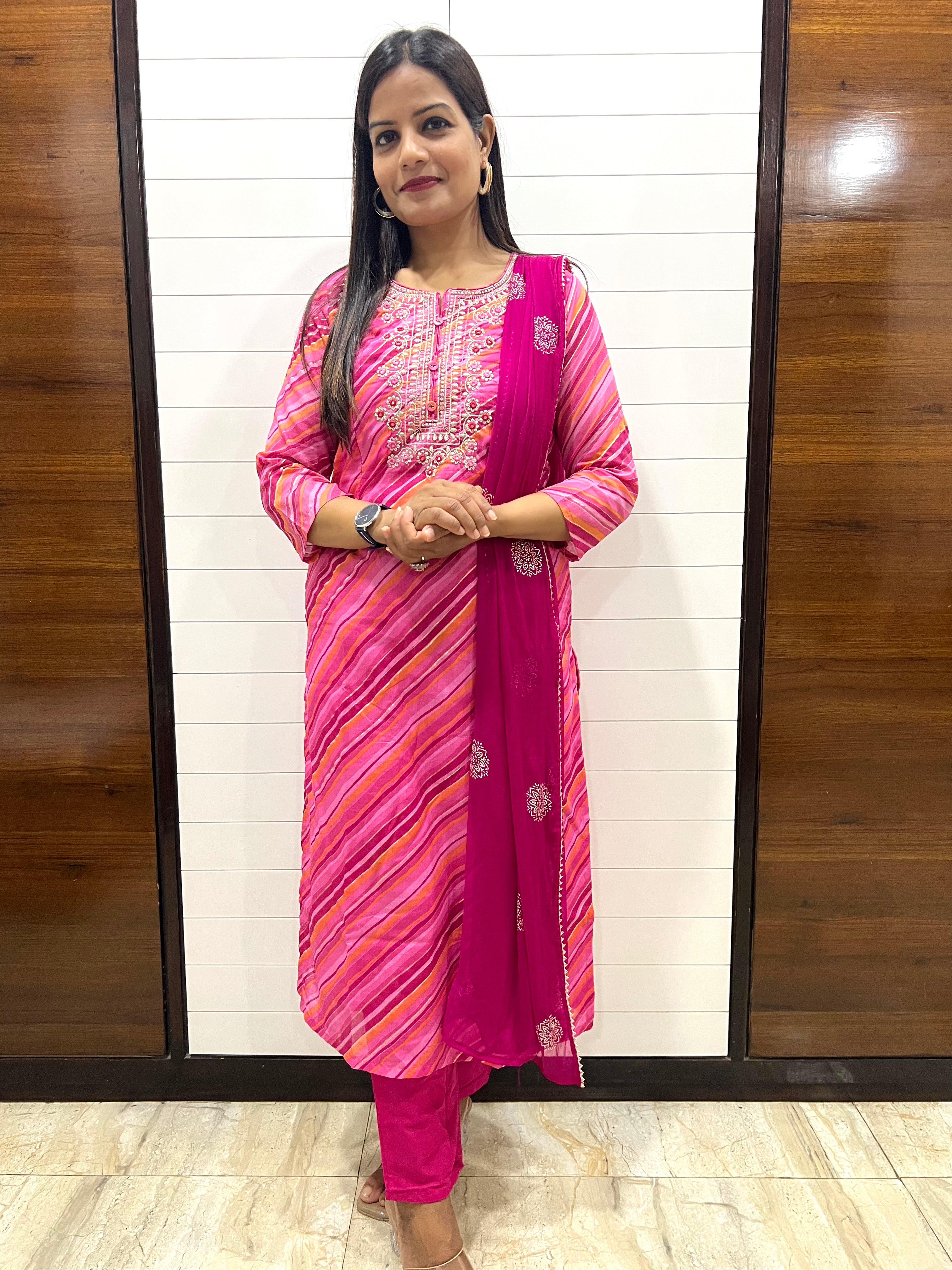 Fuchsia Cotton Embroidered Feeding Kurta Pant and Chiffon Dupatta with Attached Lining