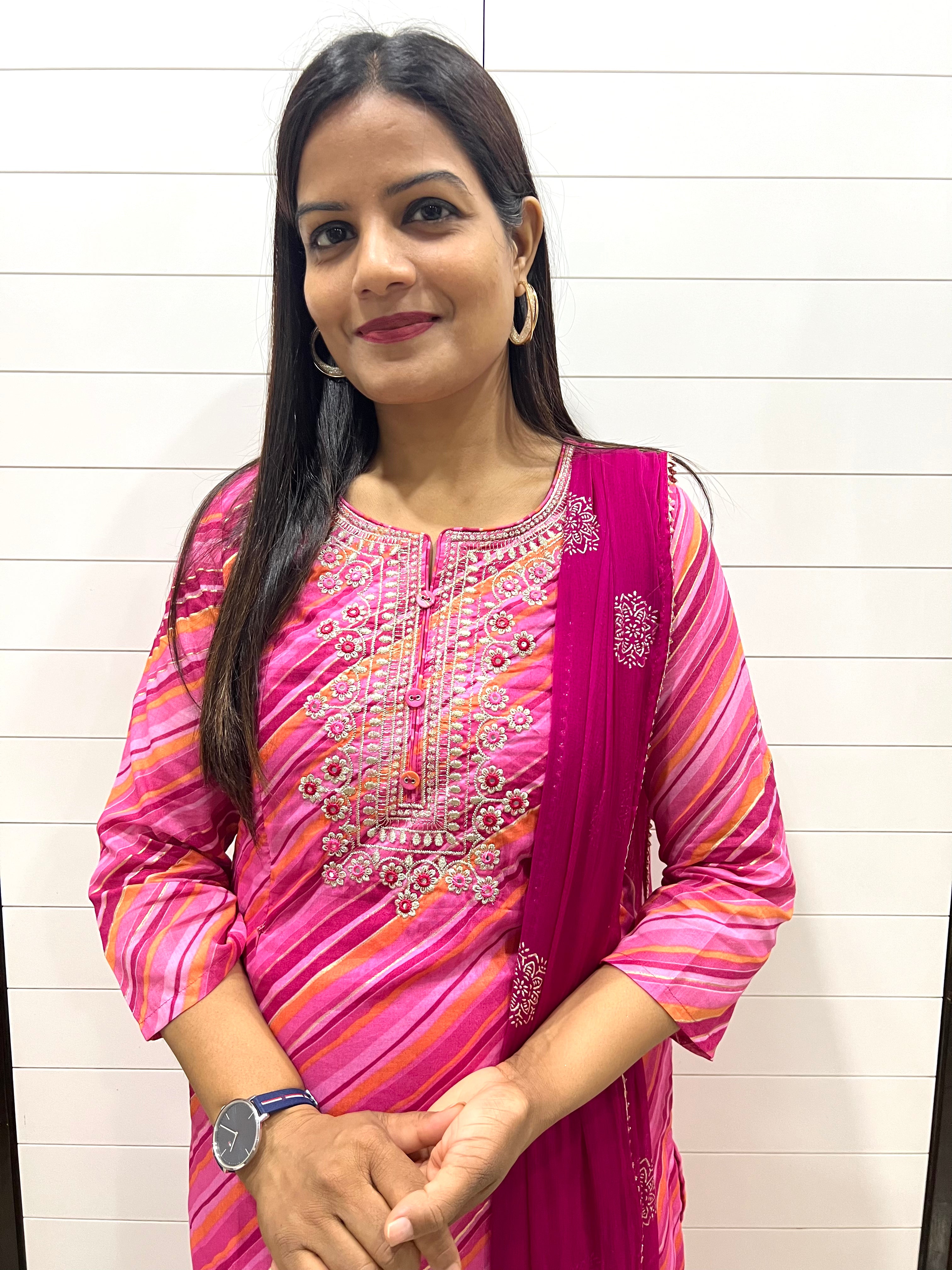 Fuchsia Cotton Embroidered Feeding Kurta Pant and Chiffon Dupatta with Attached Lining