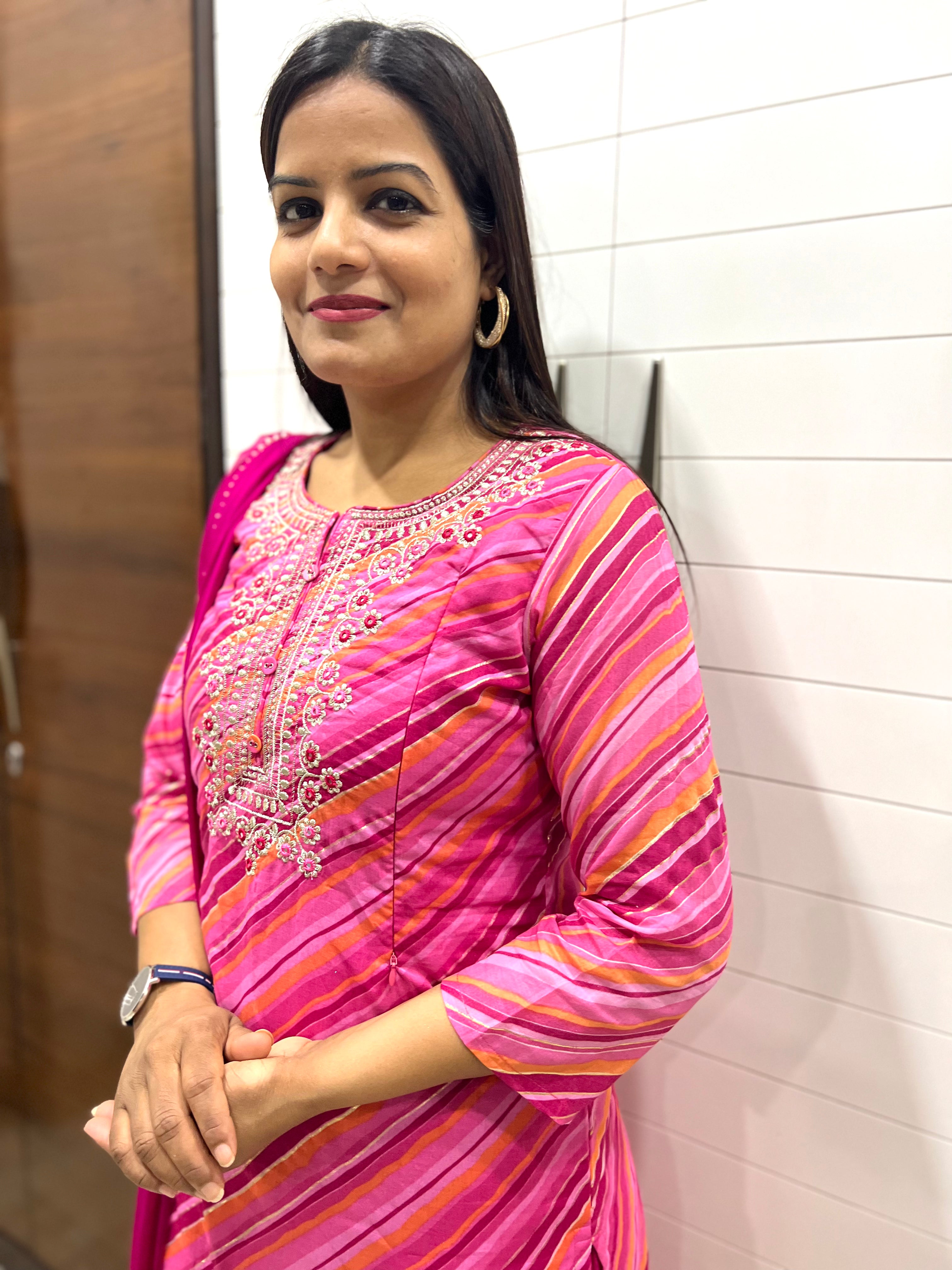Fuchsia Cotton Embroidered Feeding Kurta Pant and Chiffon Dupatta with Attached Lining