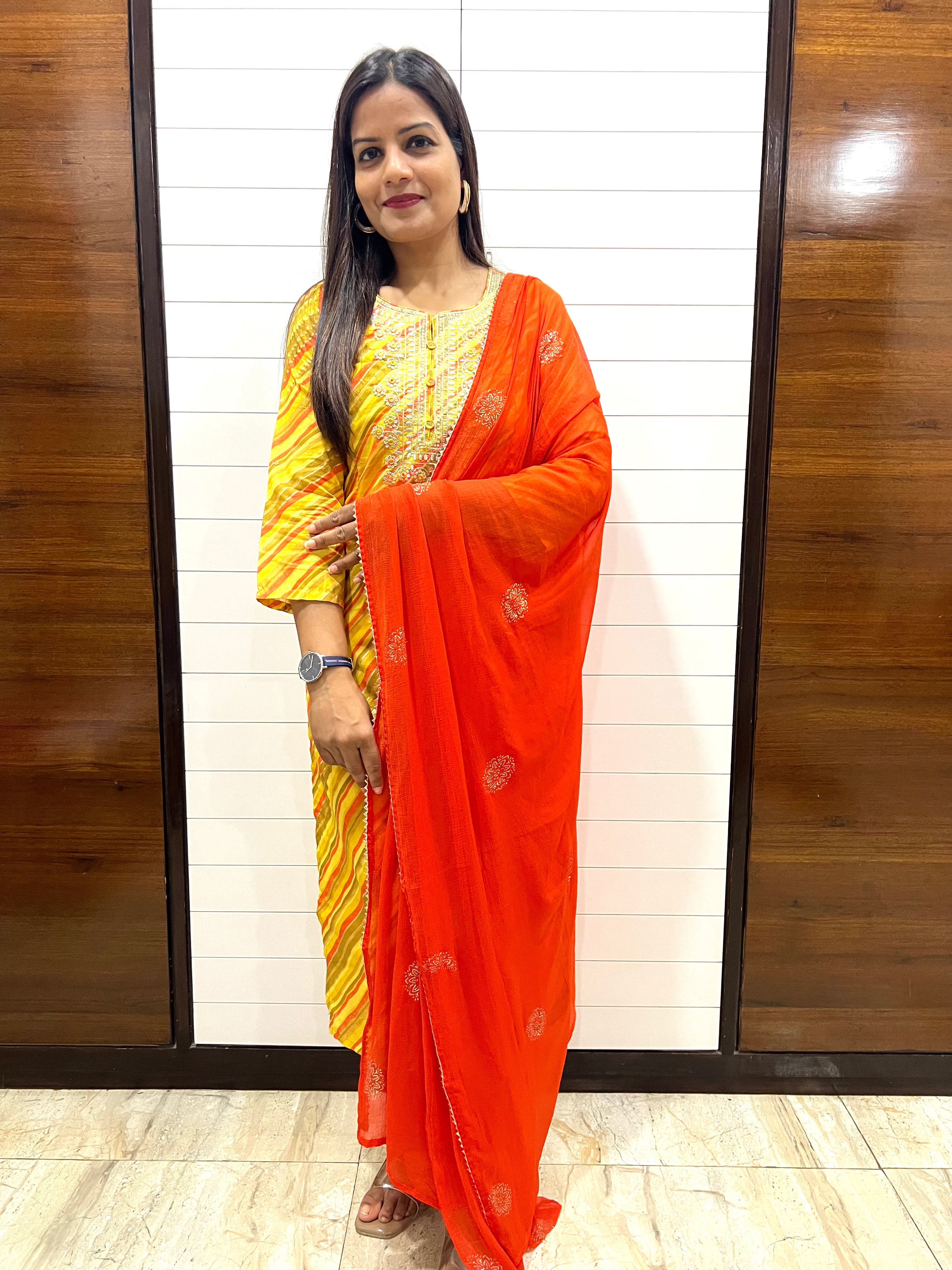 Yellow Cotton Embroidered Feeding Kurta Pant and Chiffon Dupatta with Attached Lining