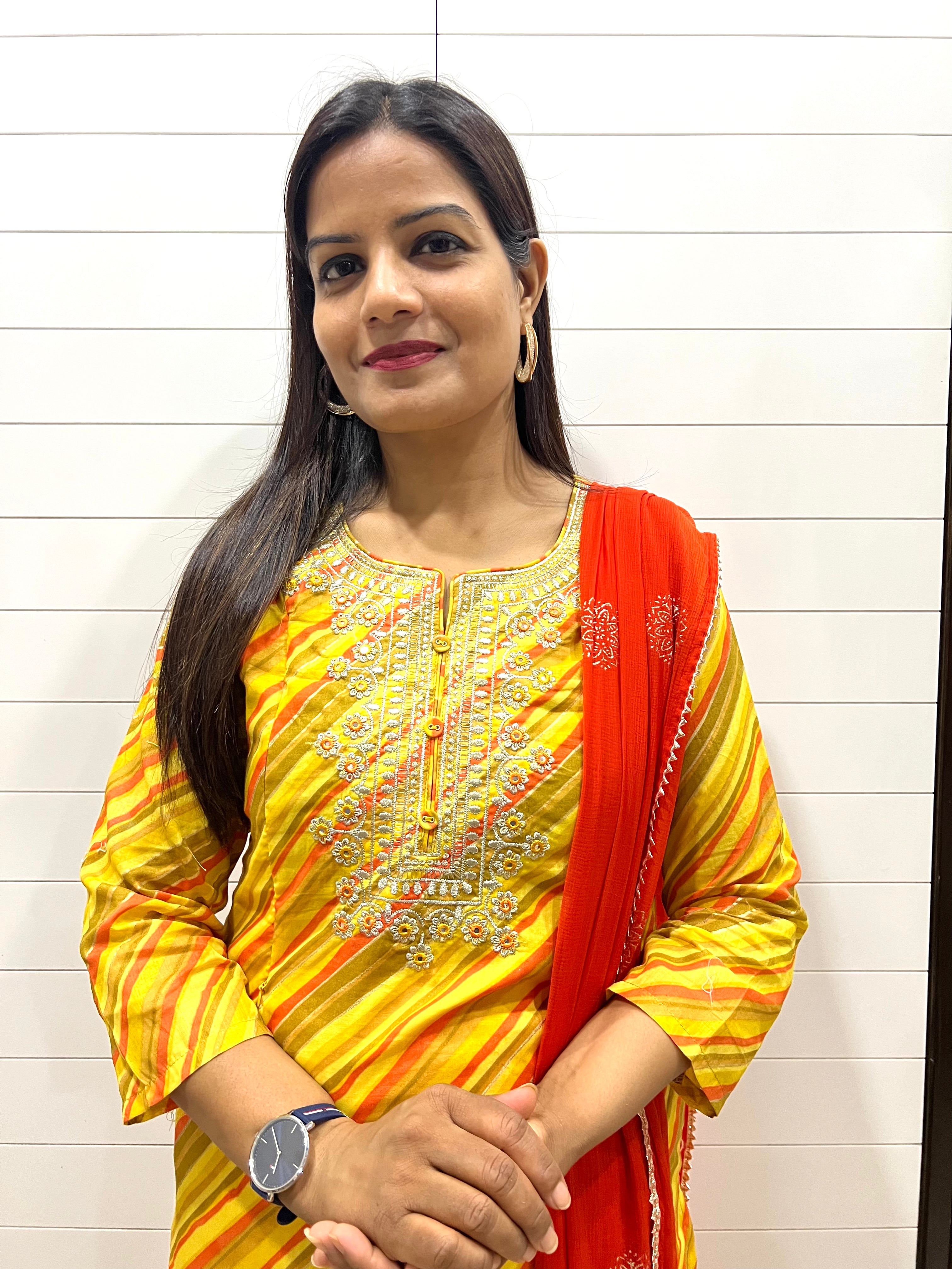Yellow Cotton Embroidered Feeding Kurta Pant and Chiffon Dupatta with Attached Lining