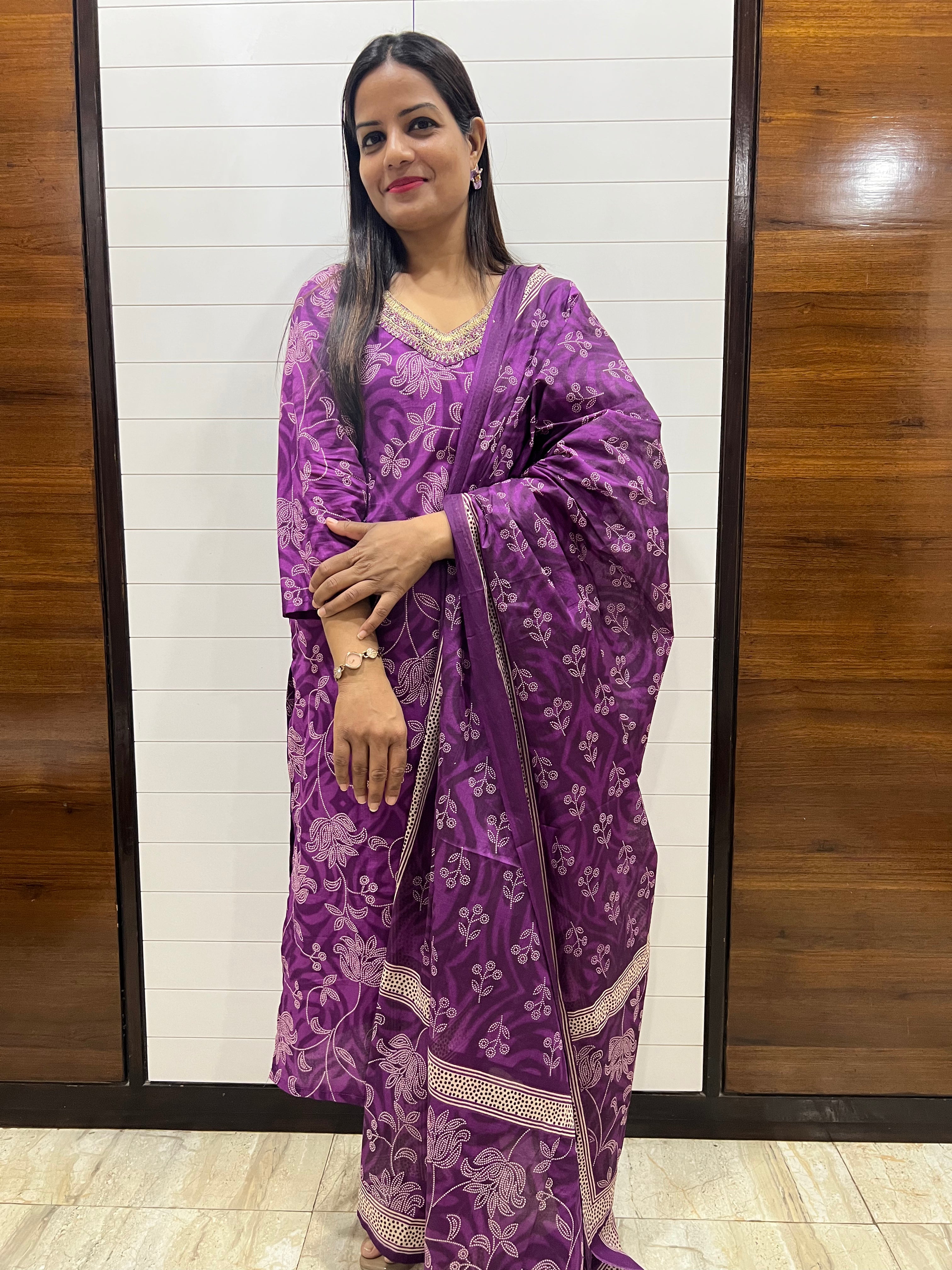 Purple  Pure Printed Cotton Feeding Kurta Pant and Dupatta Set