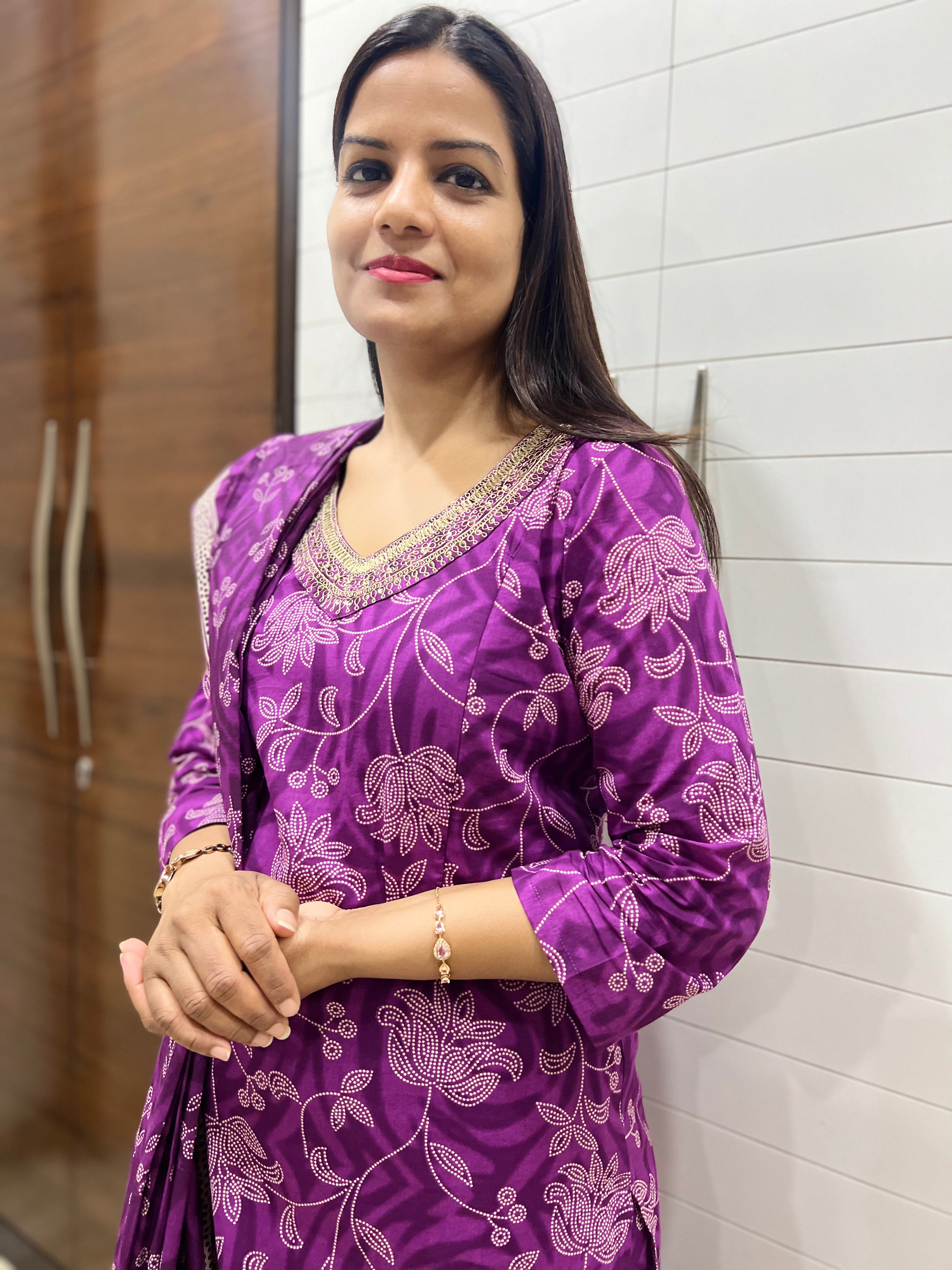 Purple  Pure Printed Cotton Feeding Kurta Pant and Dupatta Set