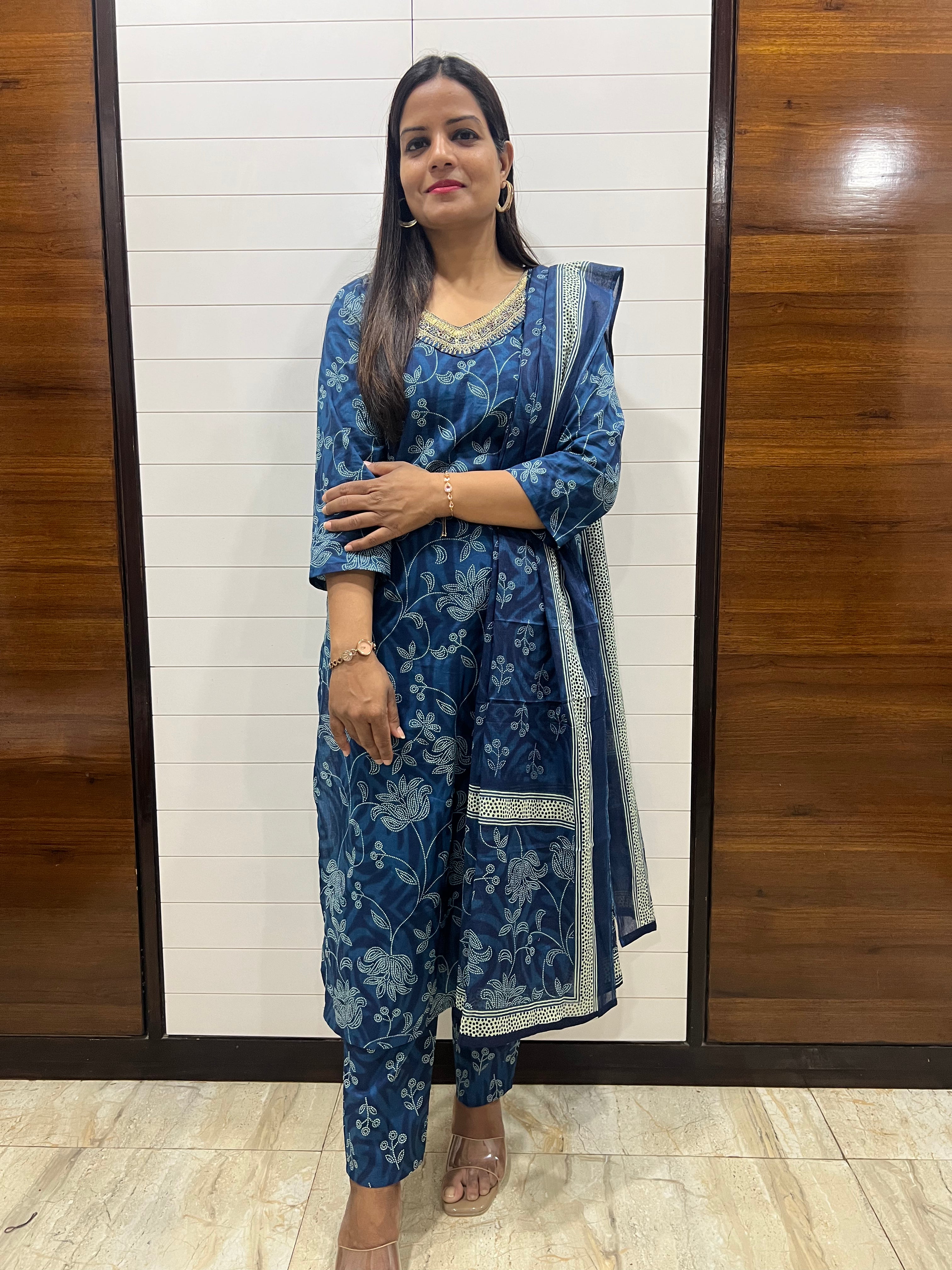 Blue Pure Printed Cotton Feeding Kurta Pant and Dupatta Set