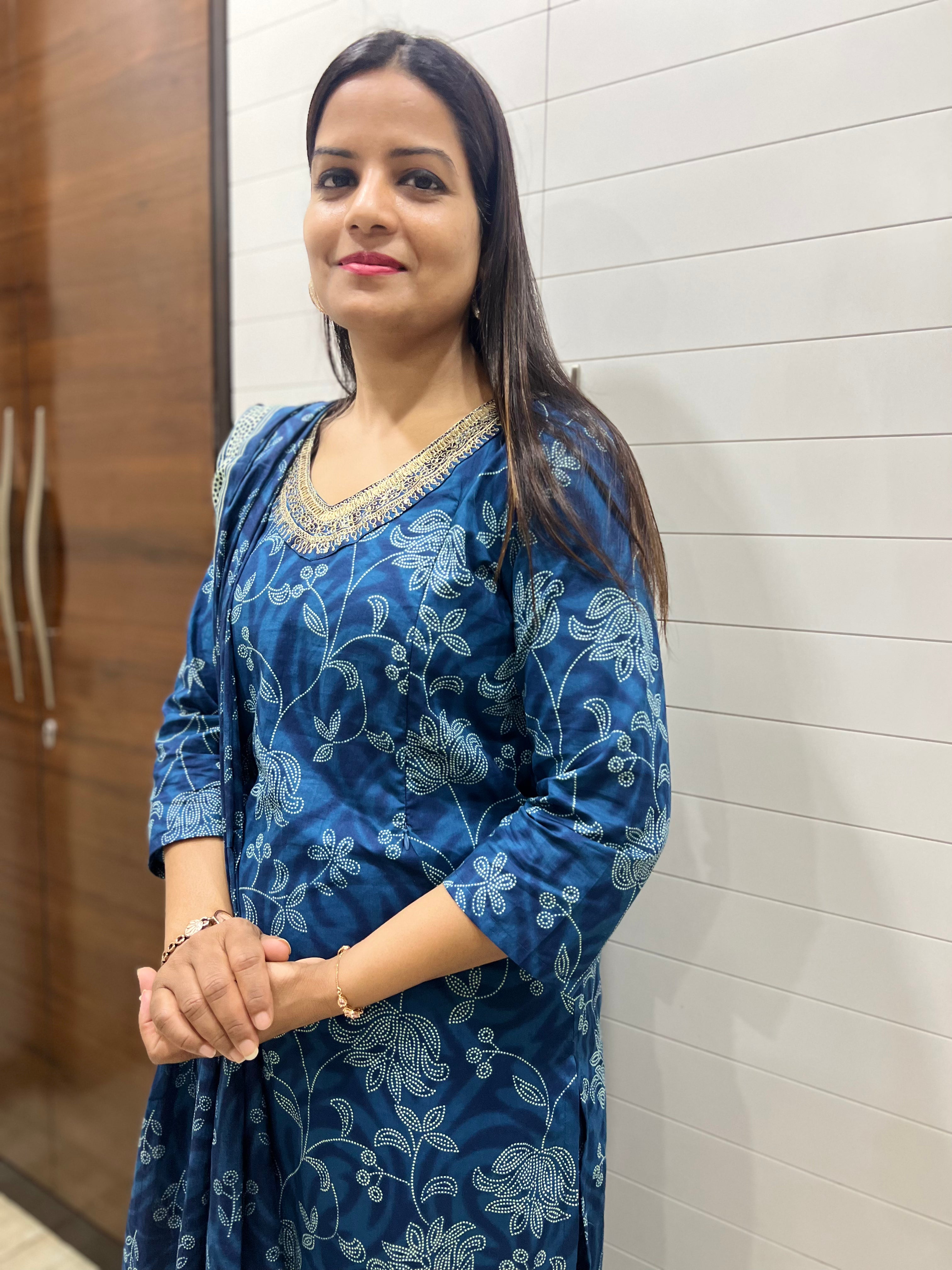 Blue Pure Printed Cotton Feeding Kurta Pant and Dupatta Set