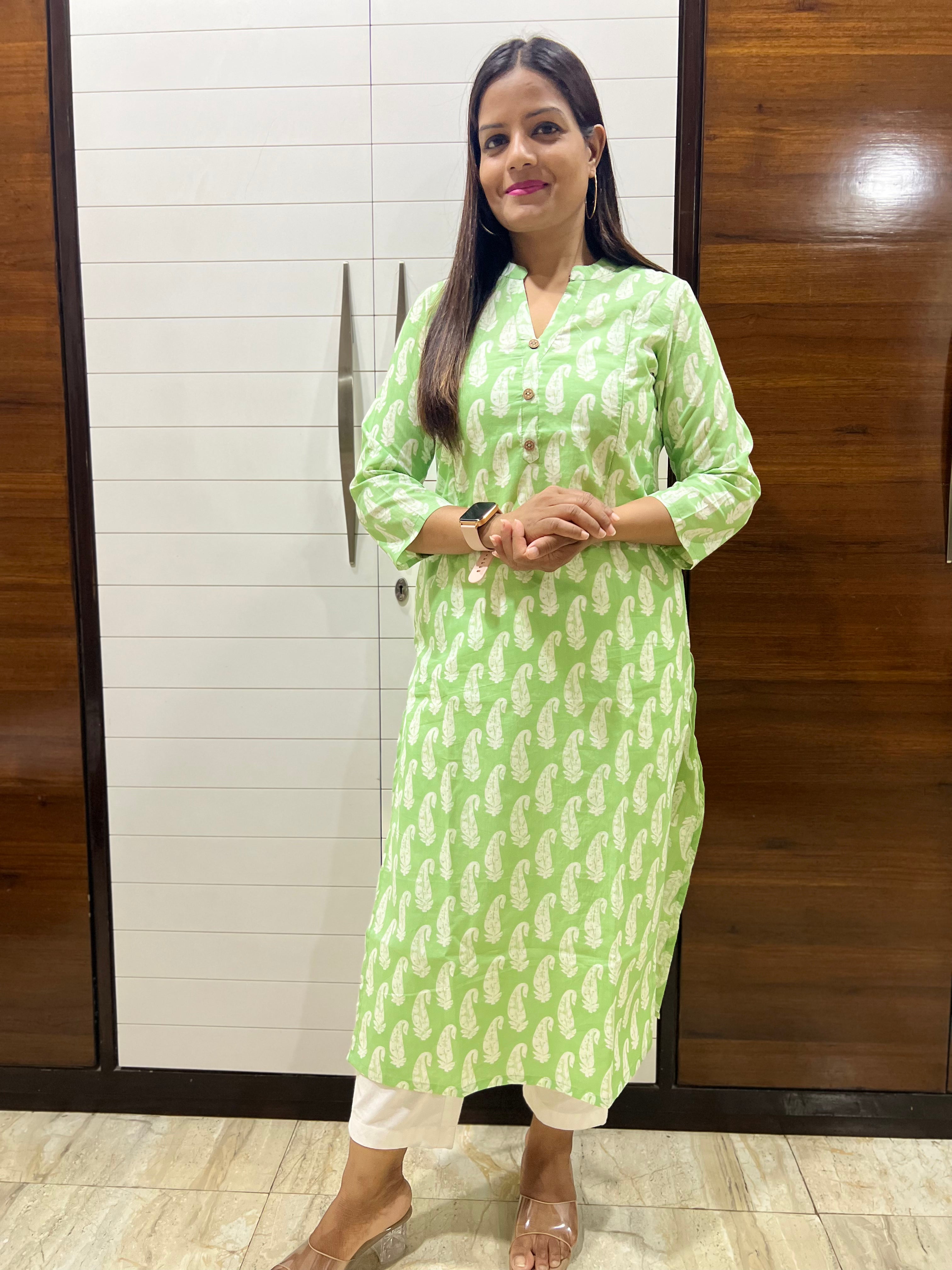 Mumzhug Pista Green Color Pure Cotton Feeding Kurti