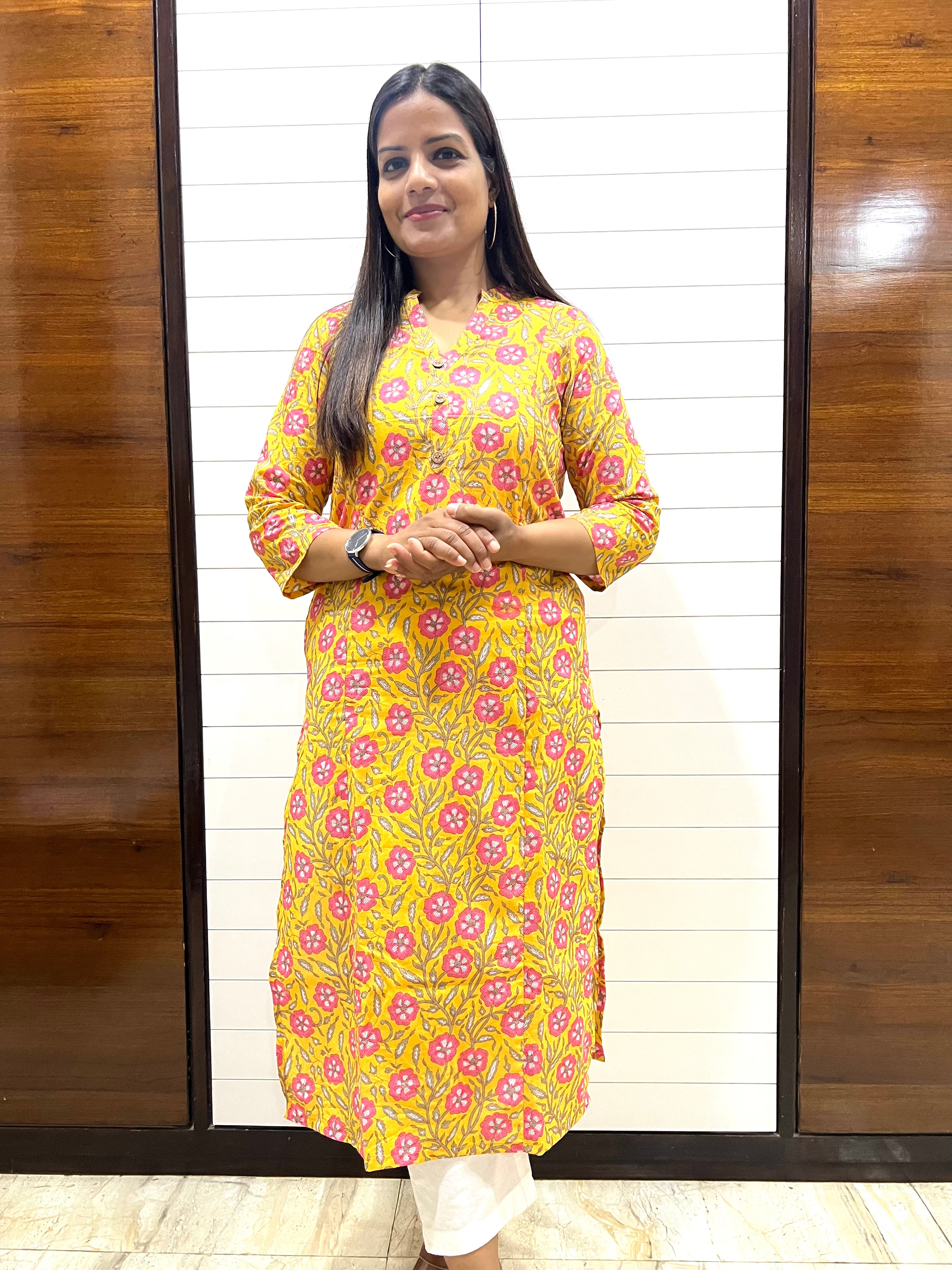 Yellow Color Jaipuri Print Pure Cotton Feeding Kurti