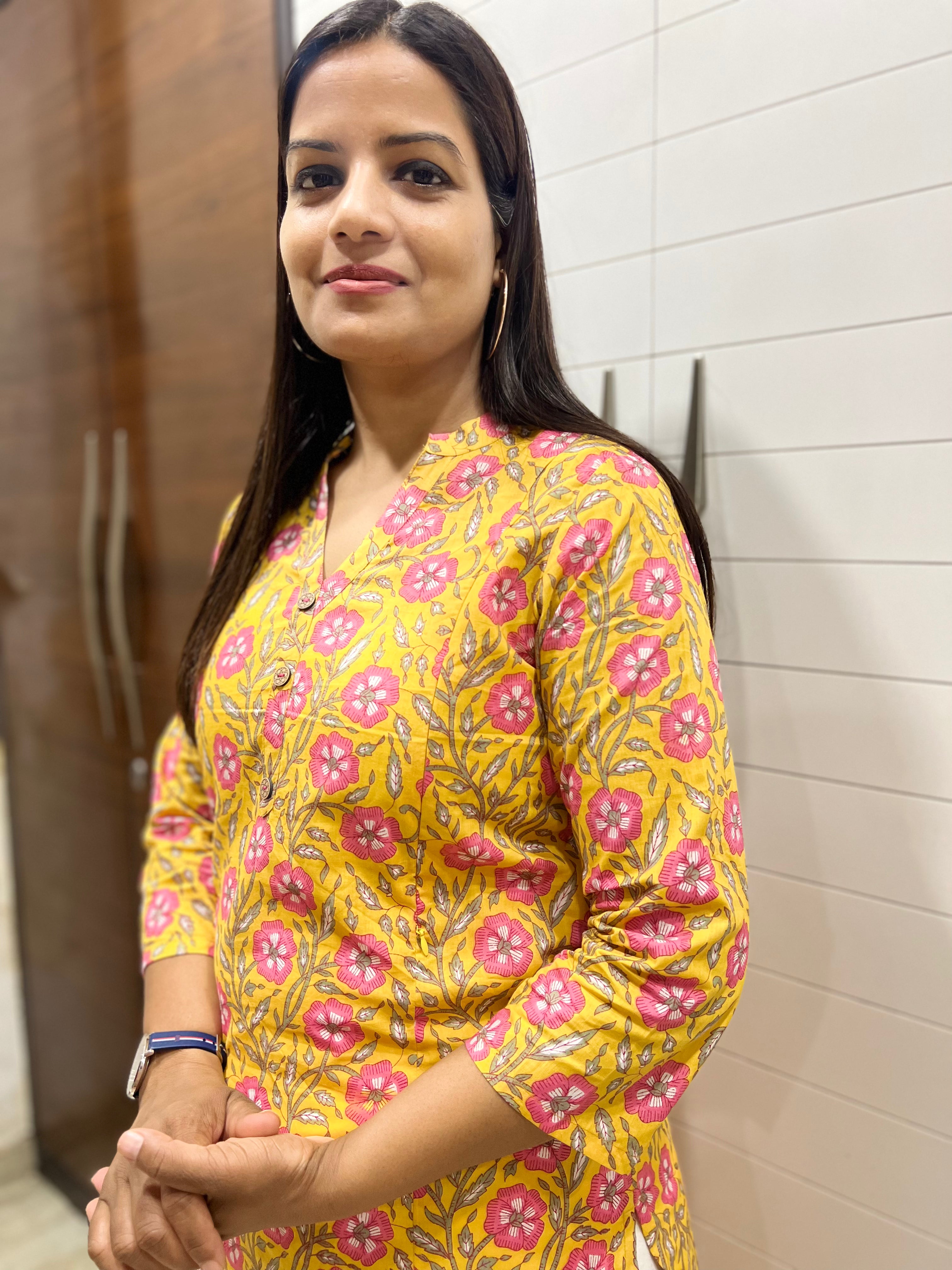 Yellow Color Jaipuri Print Pure Cotton Feeding Kurti