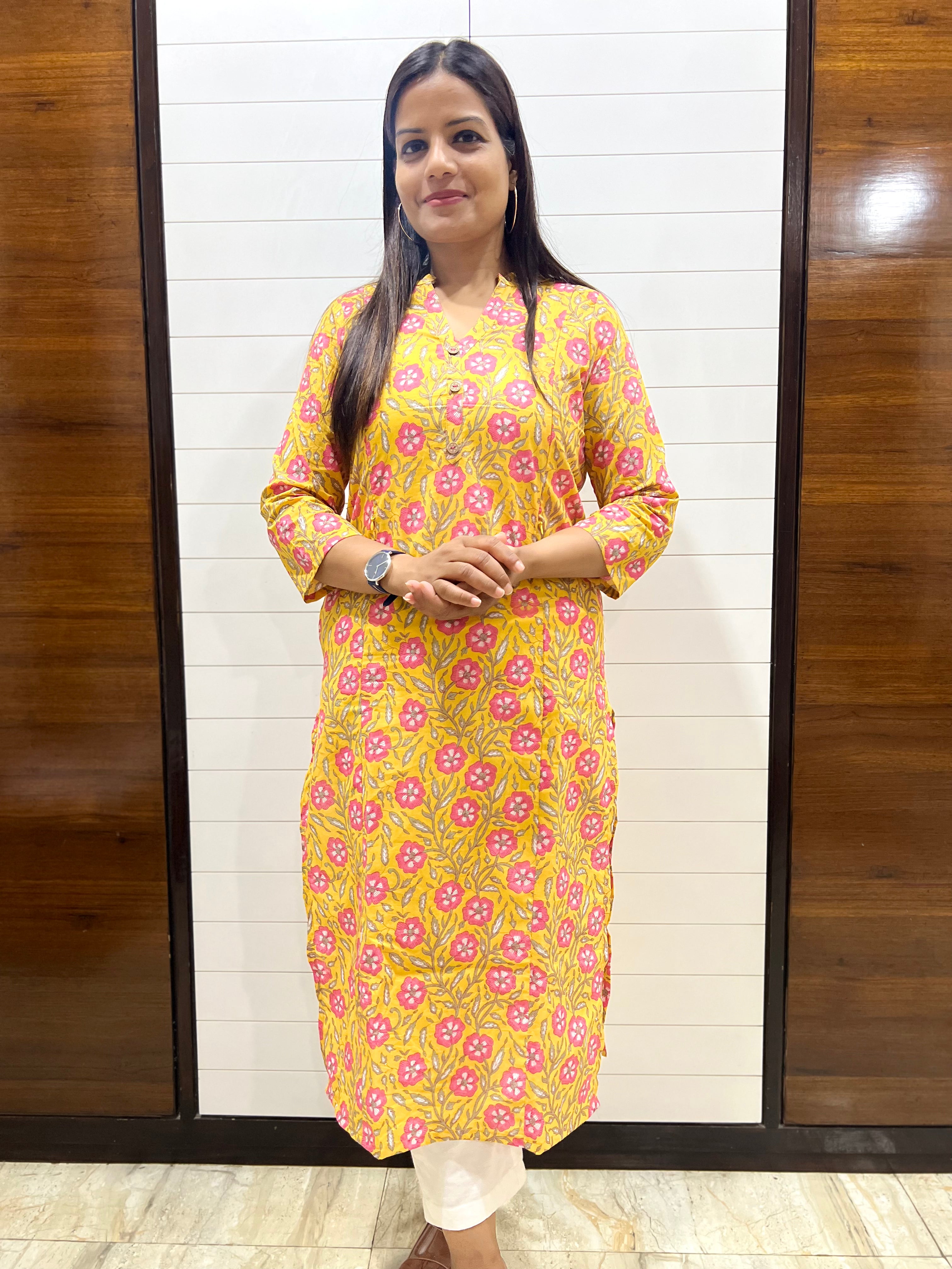 Yellow Color Jaipuri Print Pure Cotton Feeding Kurti