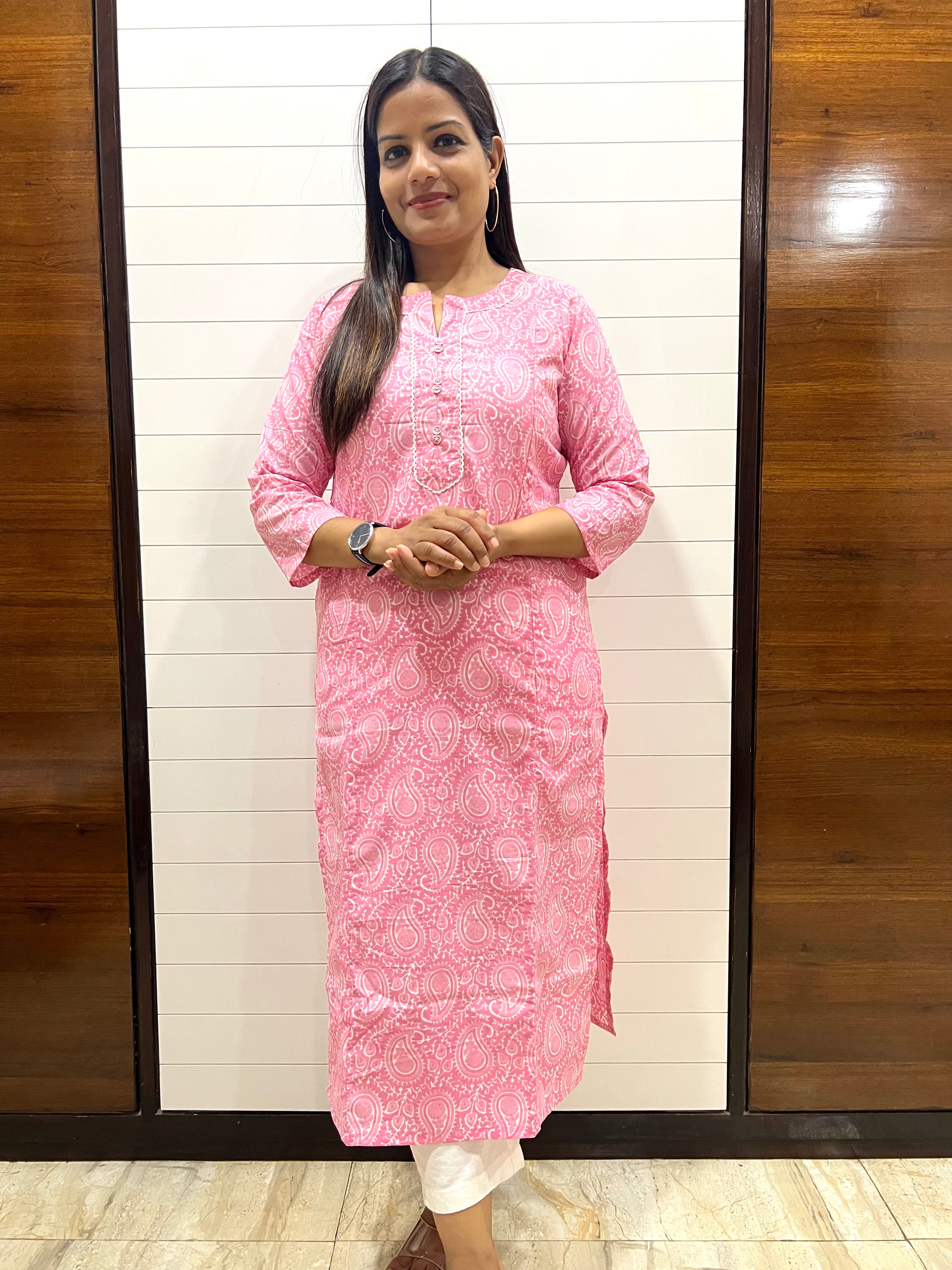 Pink Color Jaipuri Print Pure Cotton Feeding Kurti