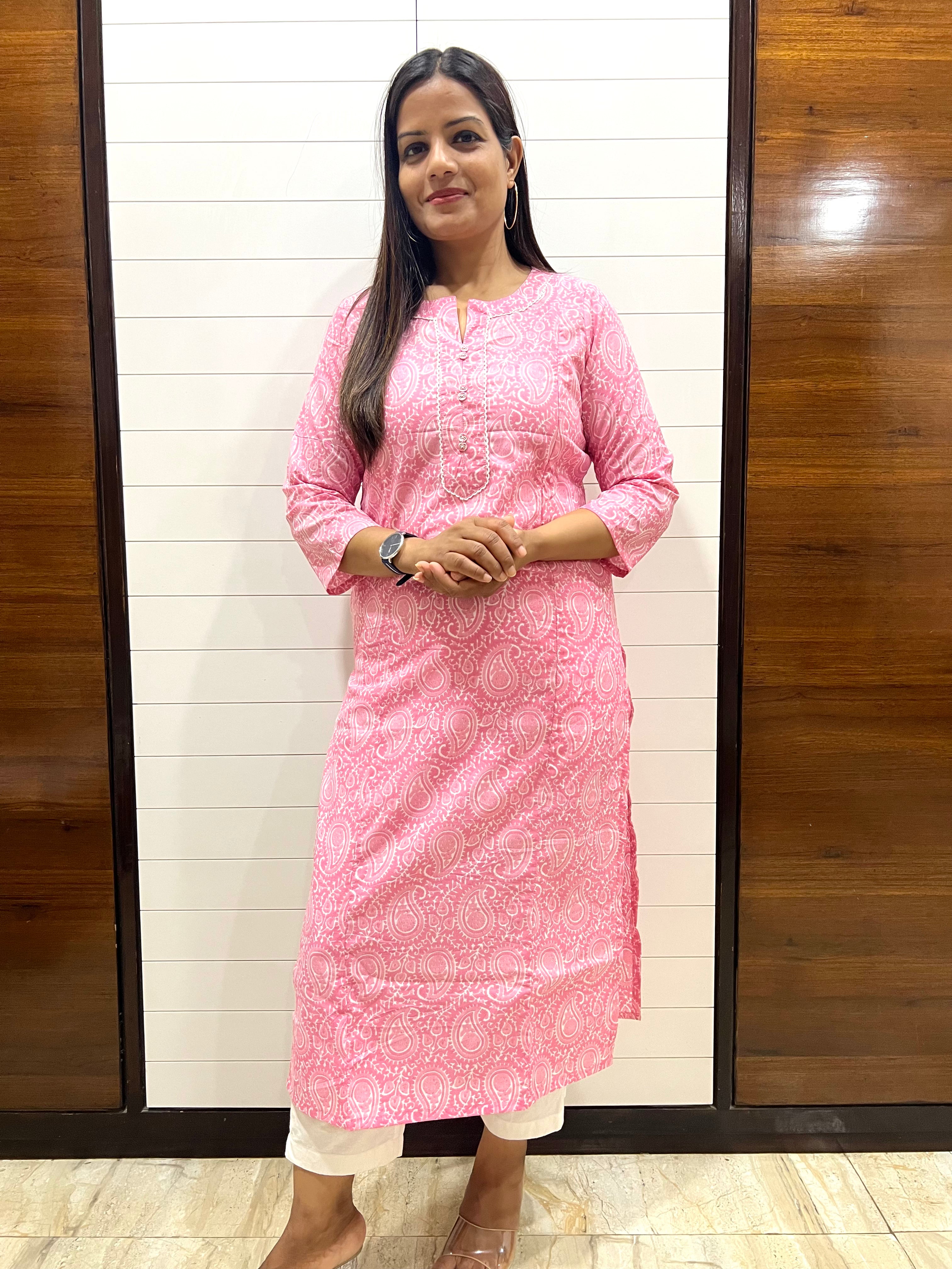 Pink Color Jaipuri Print Pure Cotton Feeding Kurti