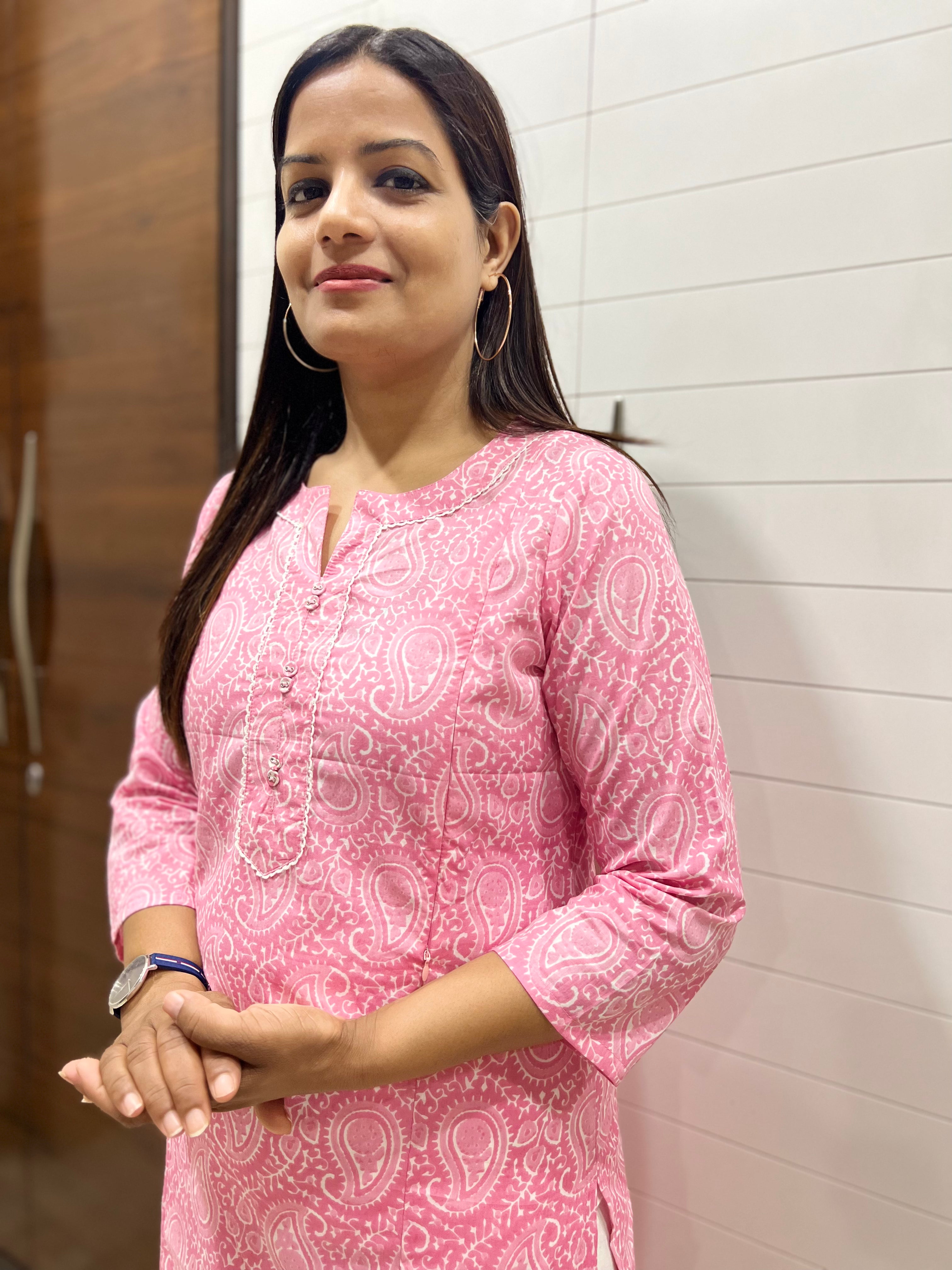 Pink Color Jaipuri Print Pure Cotton Feeding Kurti