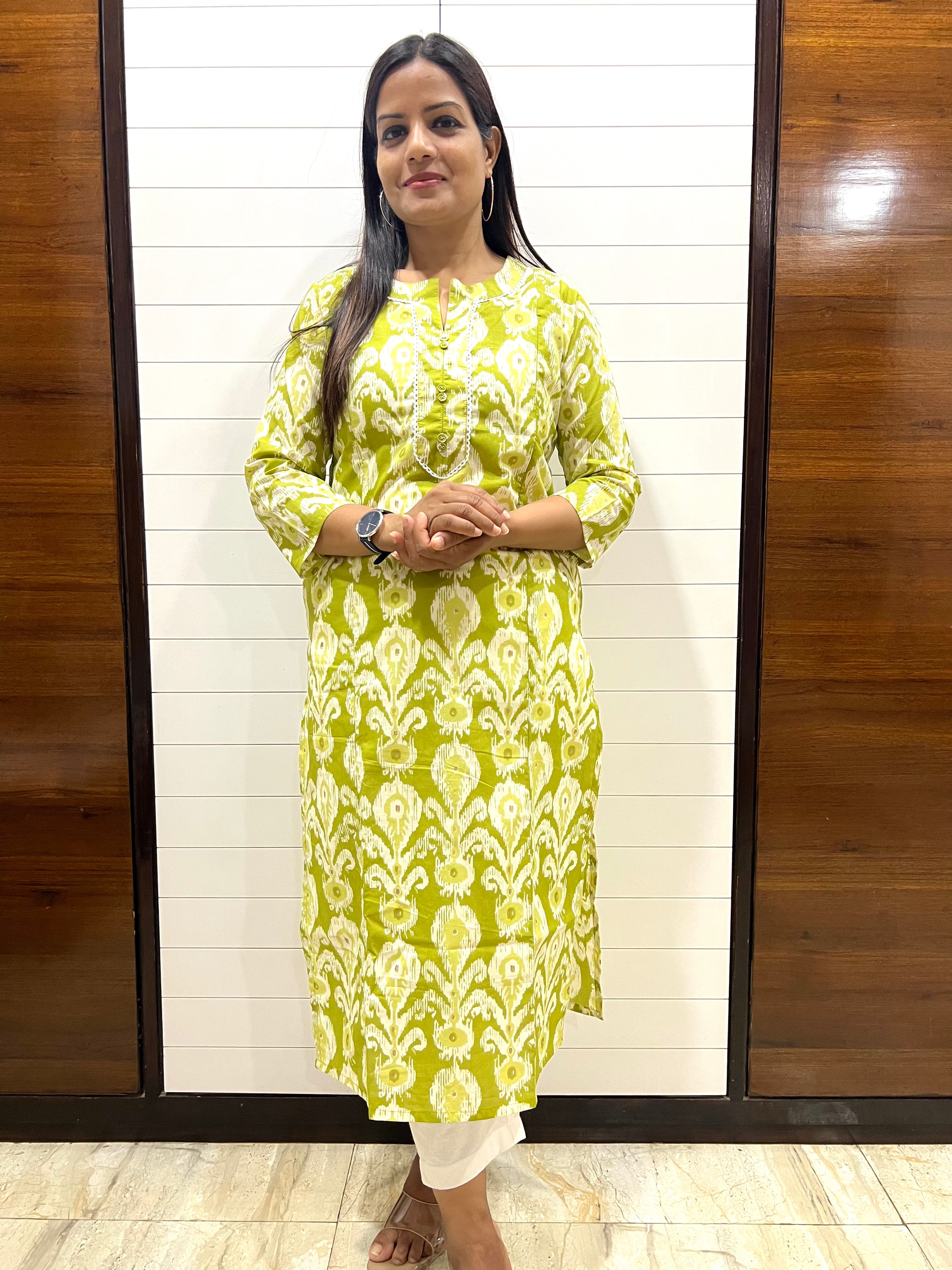 Pista Color Pure Cotton Ikkat Print Feeding Kurta With Side Pocket