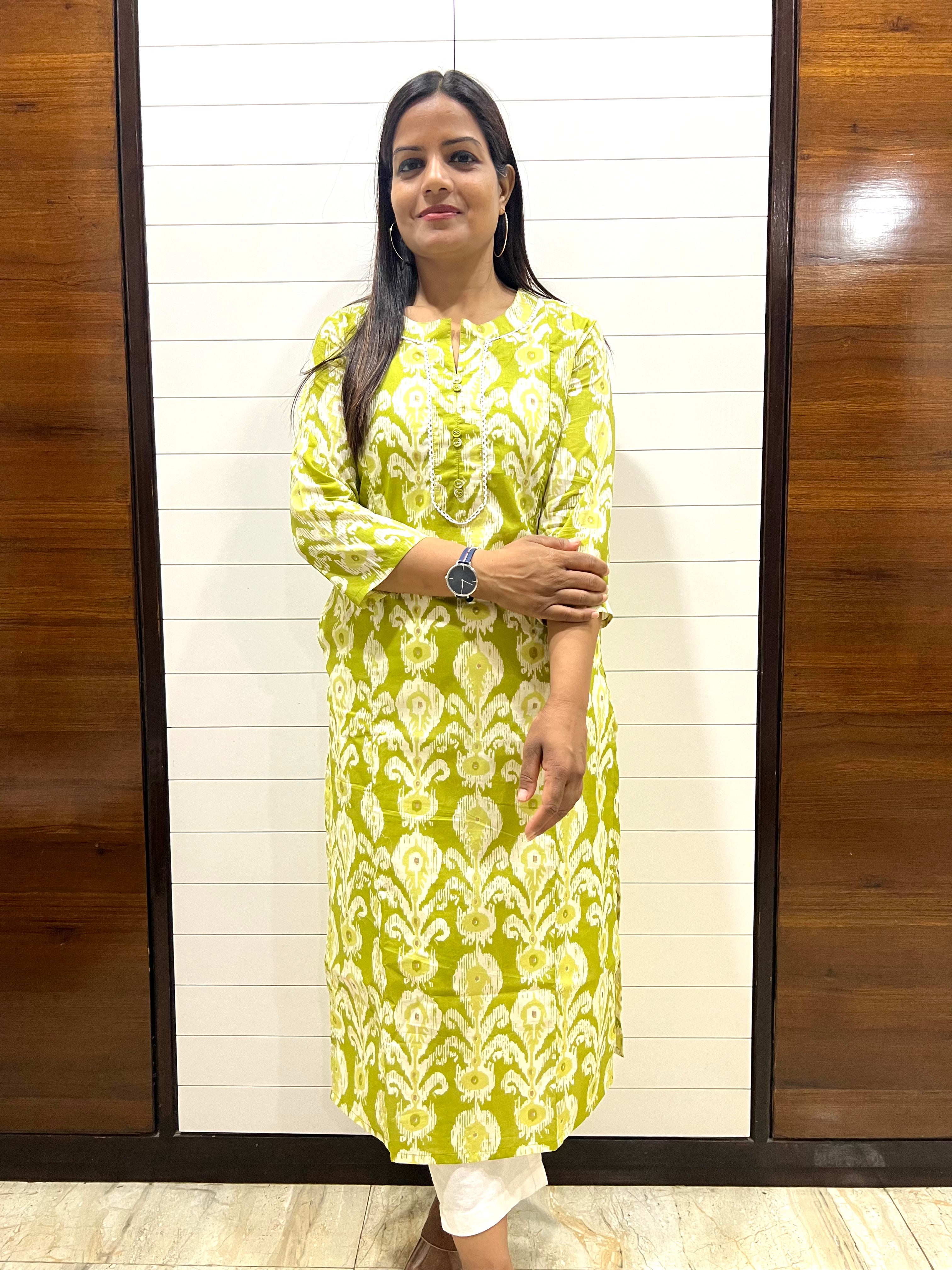Pista Color Pure Cotton Ikkat Print Feeding Kurta With Side Pocket