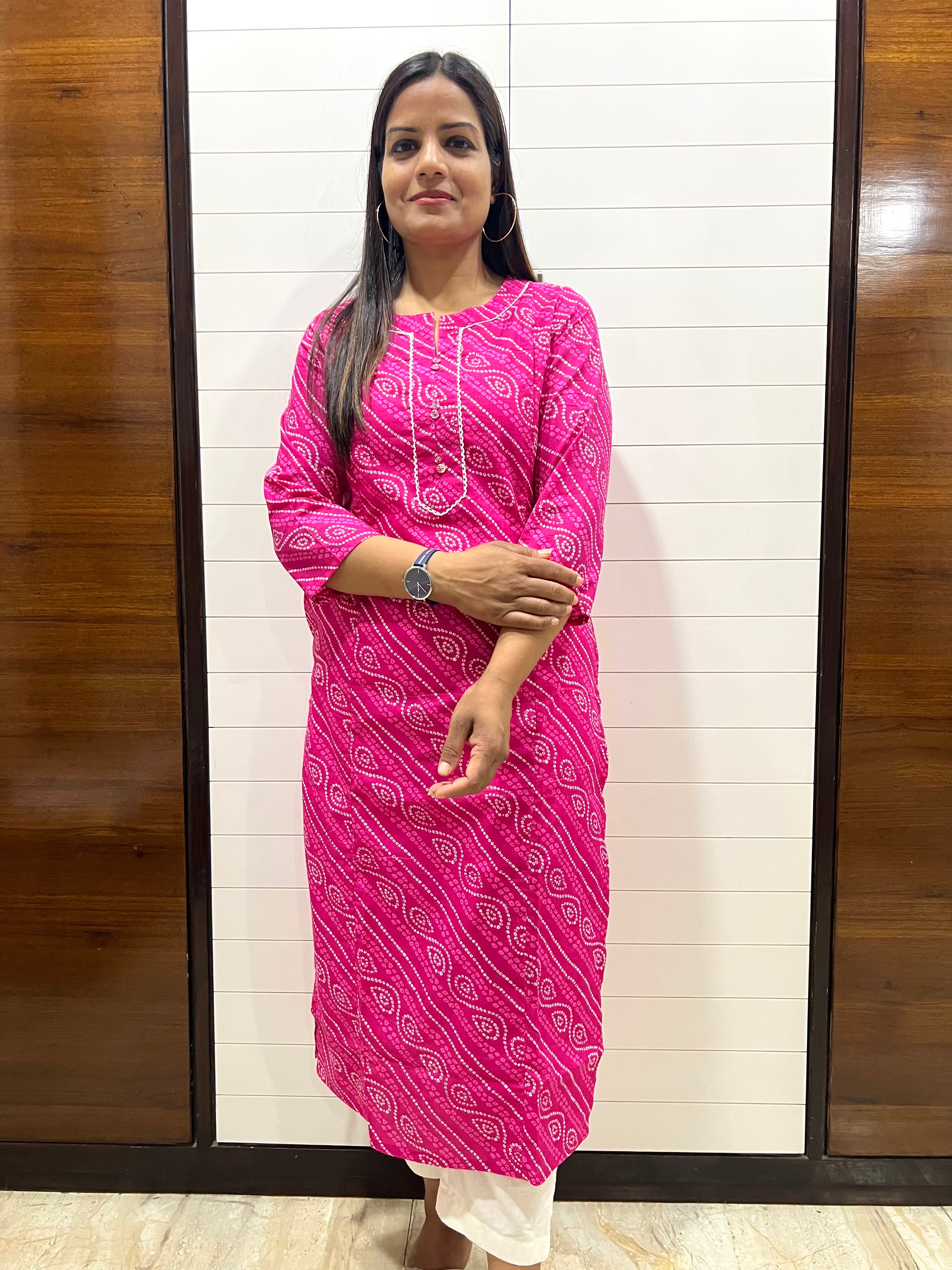 Jaipuri Pure Cotton Bandhej Print Feeding Kurta with Side Pocket