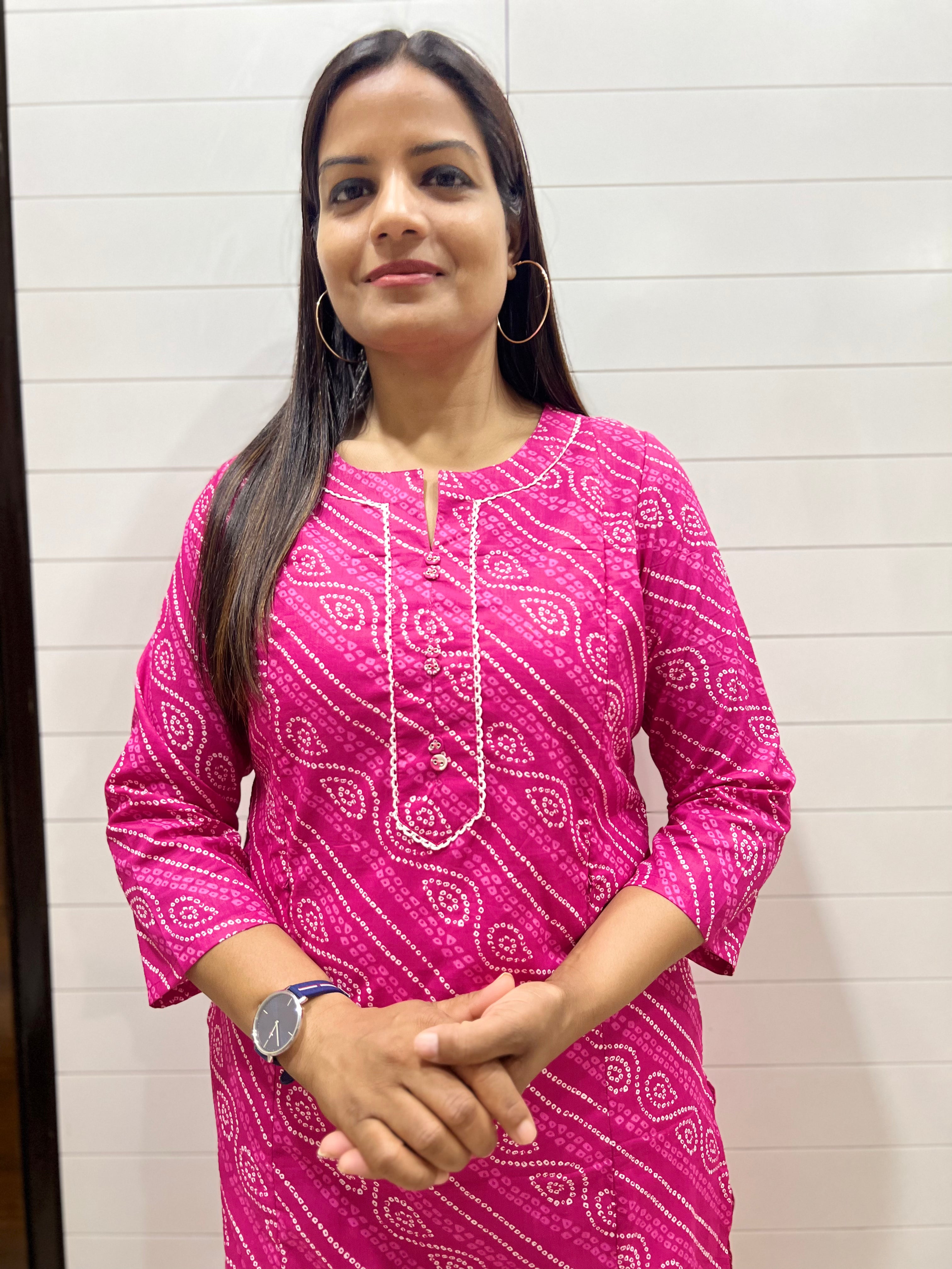 Jaipuri Pure Cotton Bandhej Print Feeding Kurta with Side Pocket