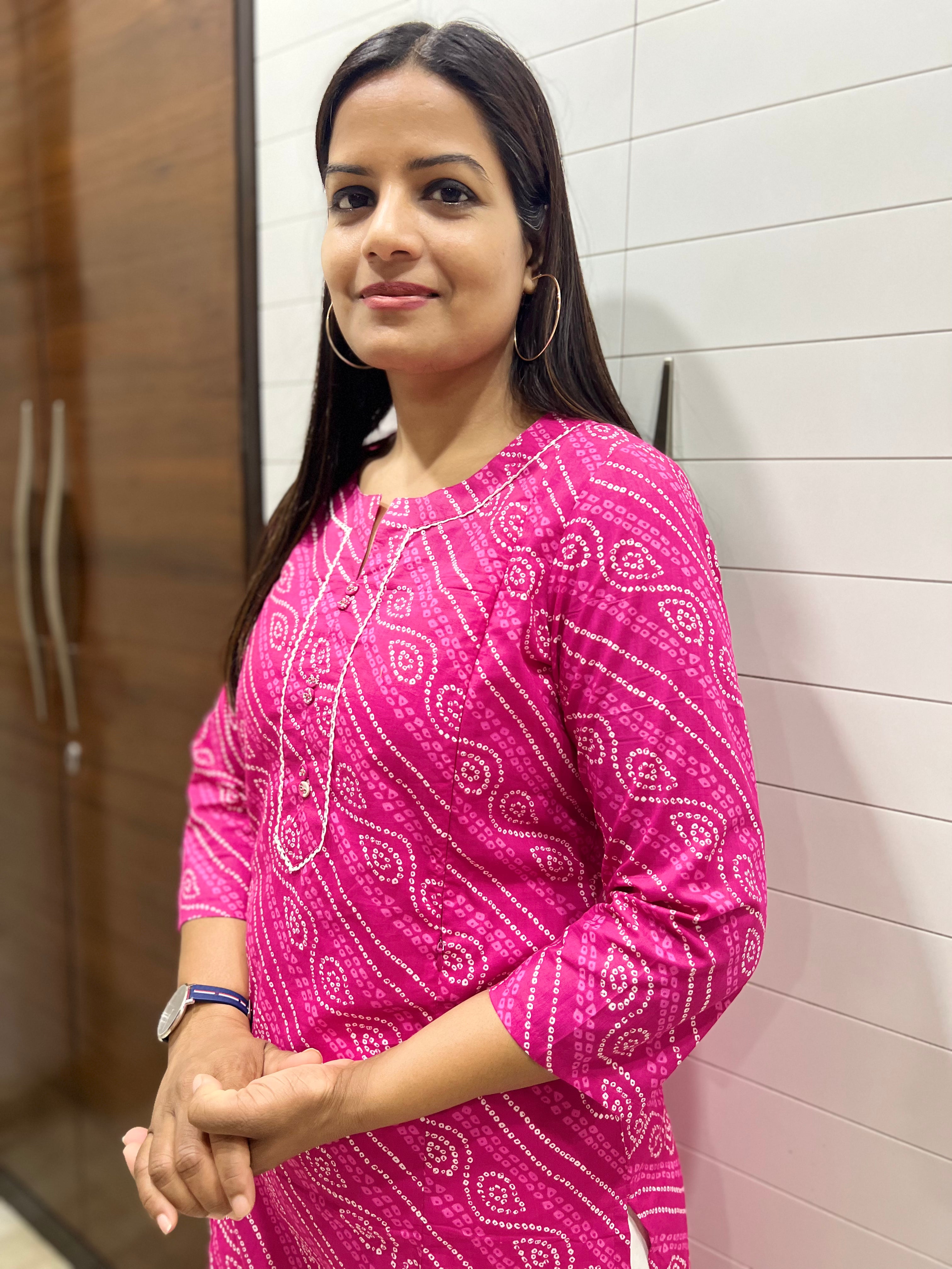 Jaipuri Pure Cotton Bandhej Print Feeding Kurta with Side Pocket