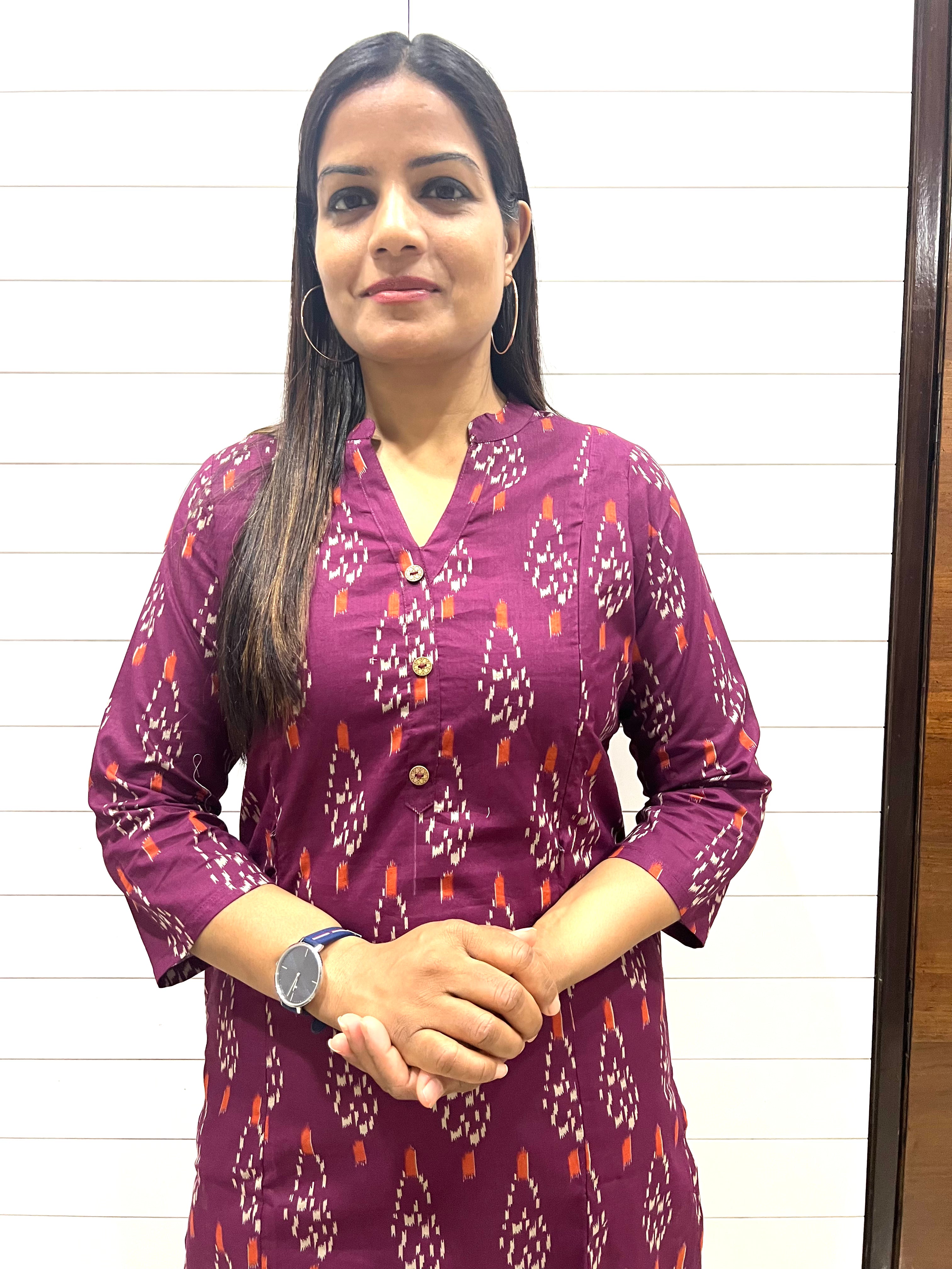 Mumzhug Wine Color Pure Cotton Ikkat Print Feeding Kurta with Side Pocket