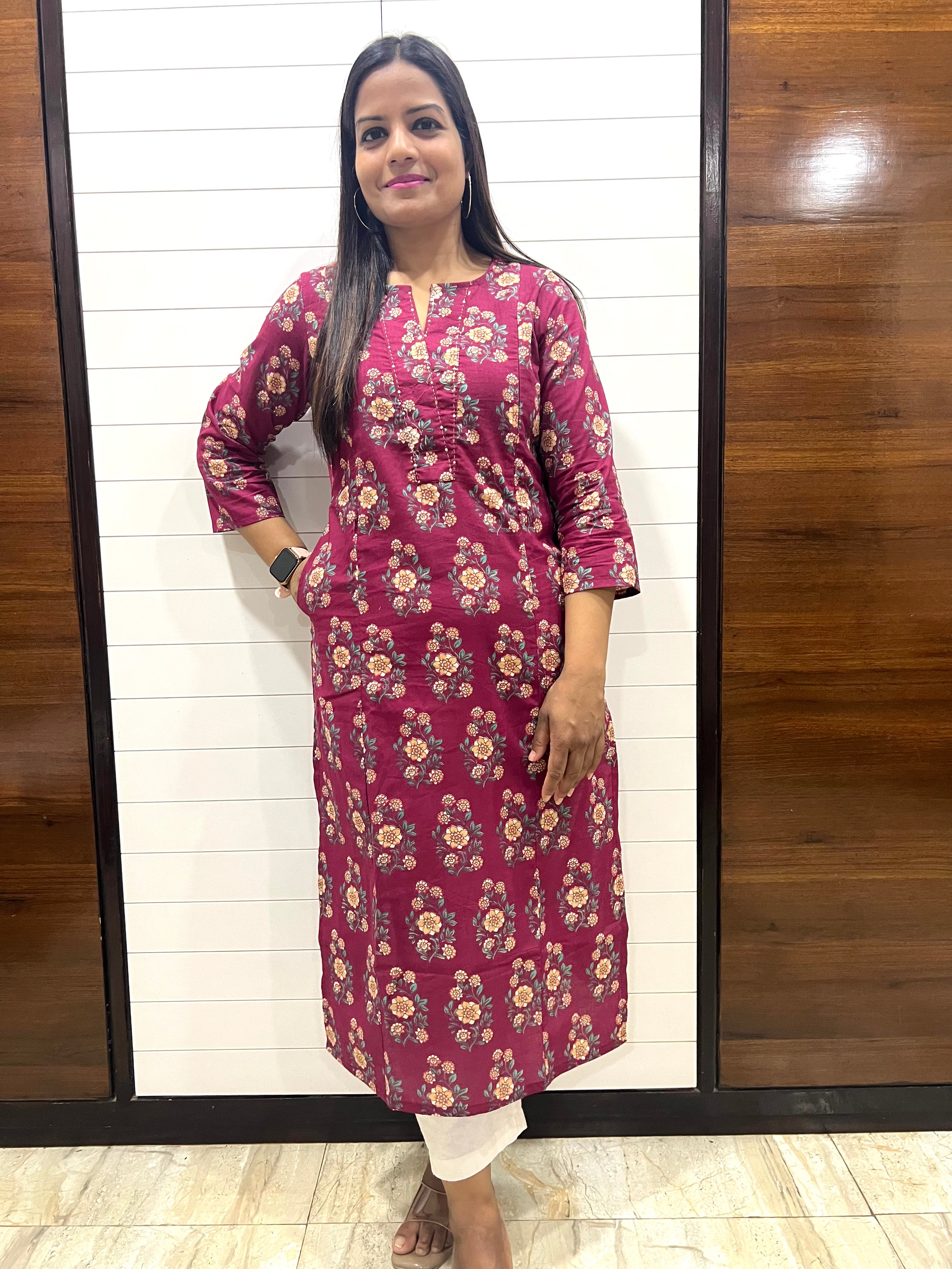 Mumzhug Wine Color Pure Cotton Feeding Kurta with Side Pocket