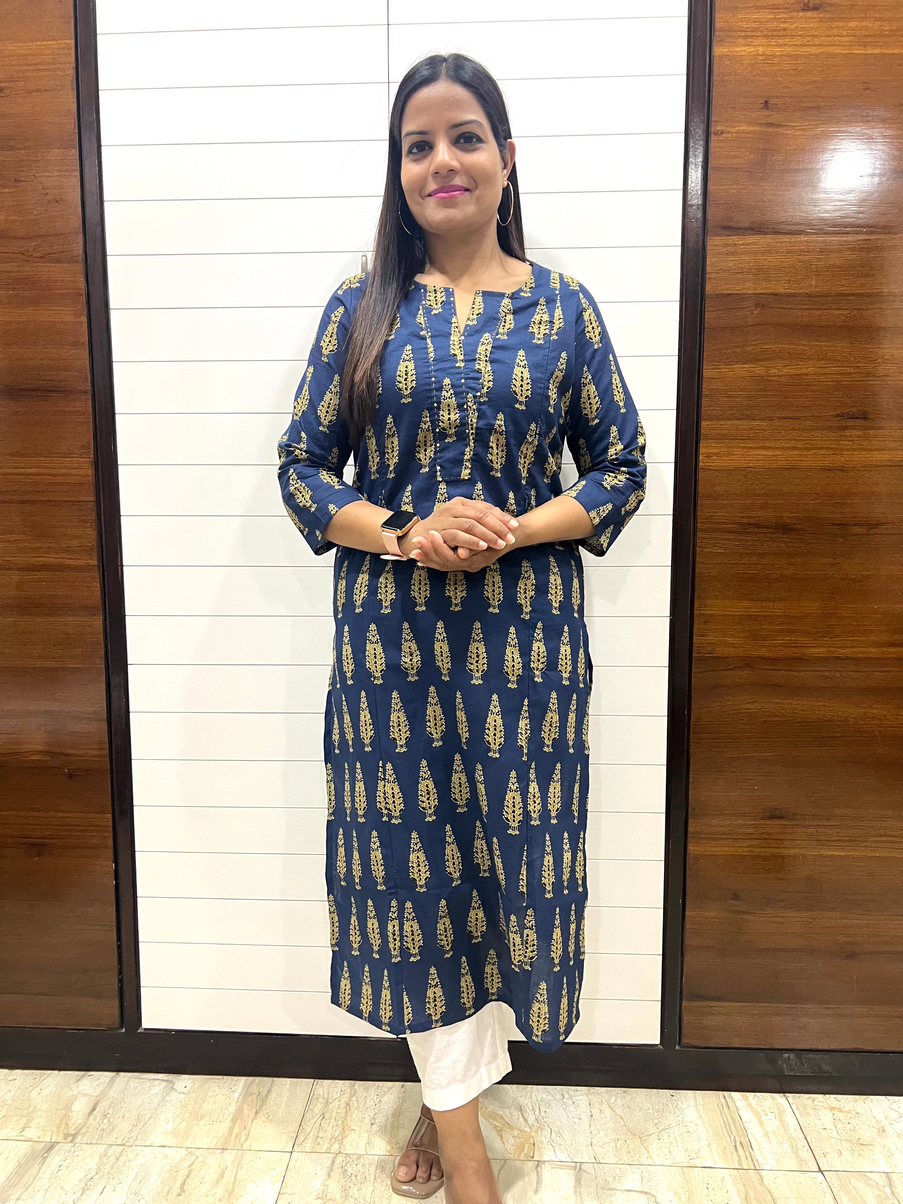 Blue Jaipuri Boota Print Pure Cotton Feeding Kurta with Side Pocket