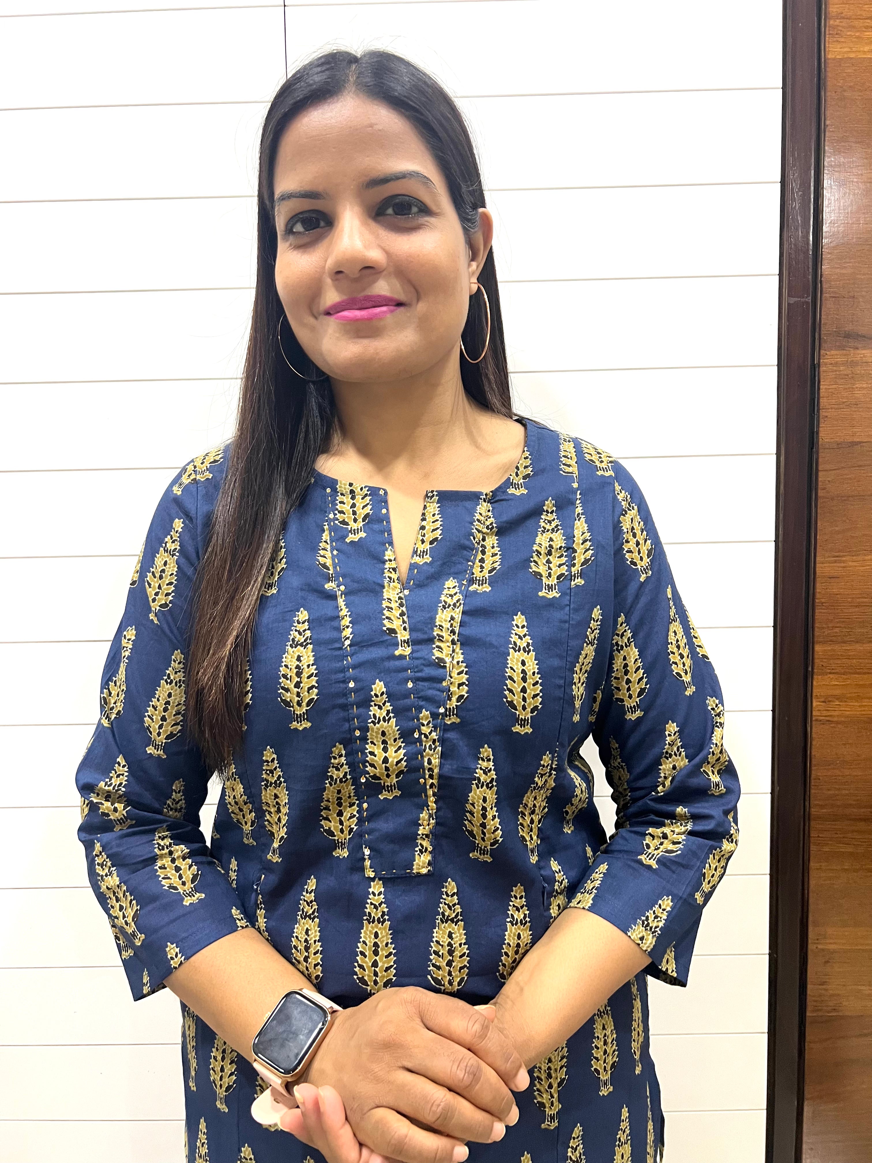 Blue Jaipuri Boota Print Pure Cotton Feeding Kurta with Side Pocket
