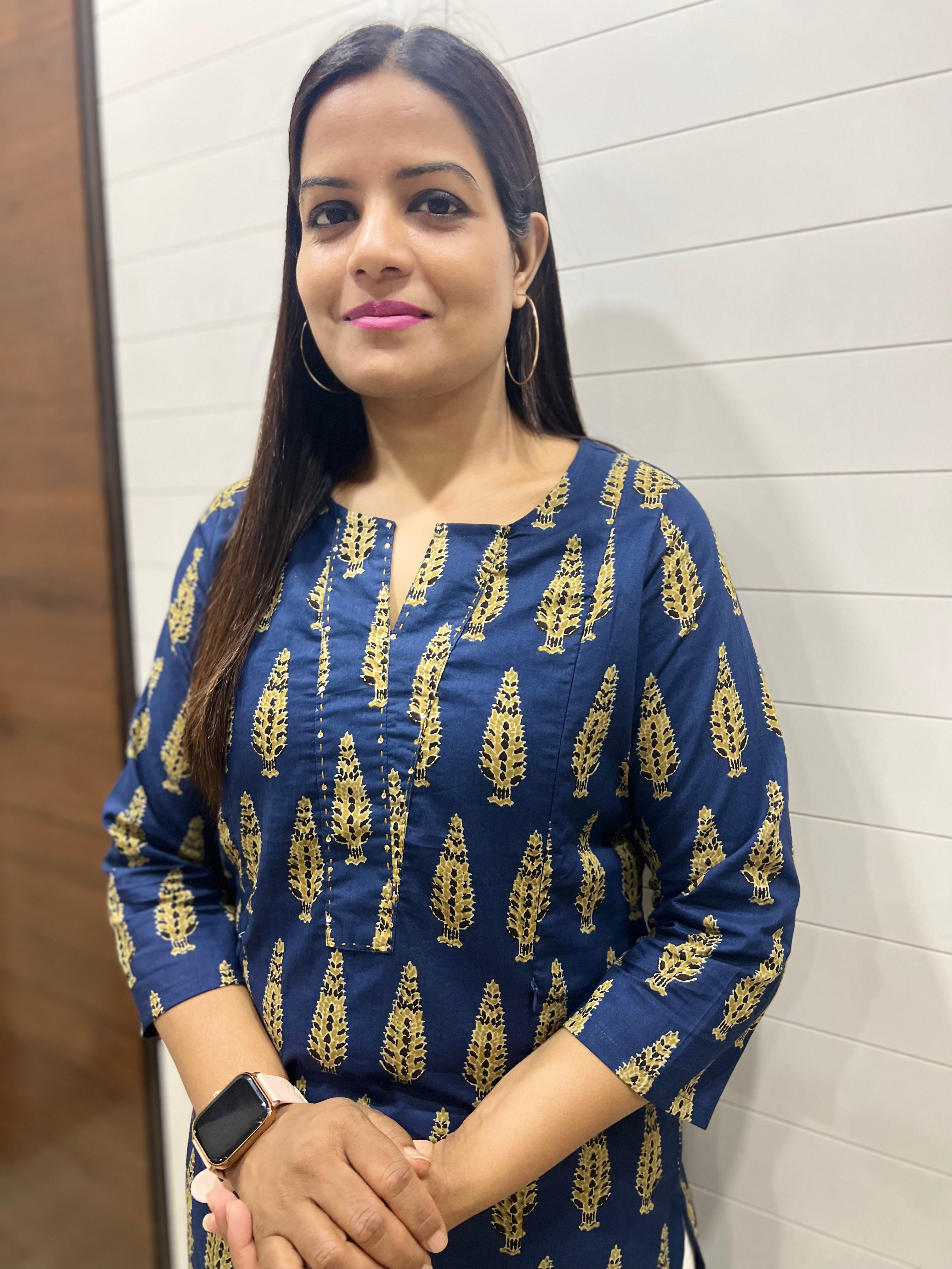 Blue Jaipuri Boota Print Pure Cotton Feeding Kurta with Side Pocket