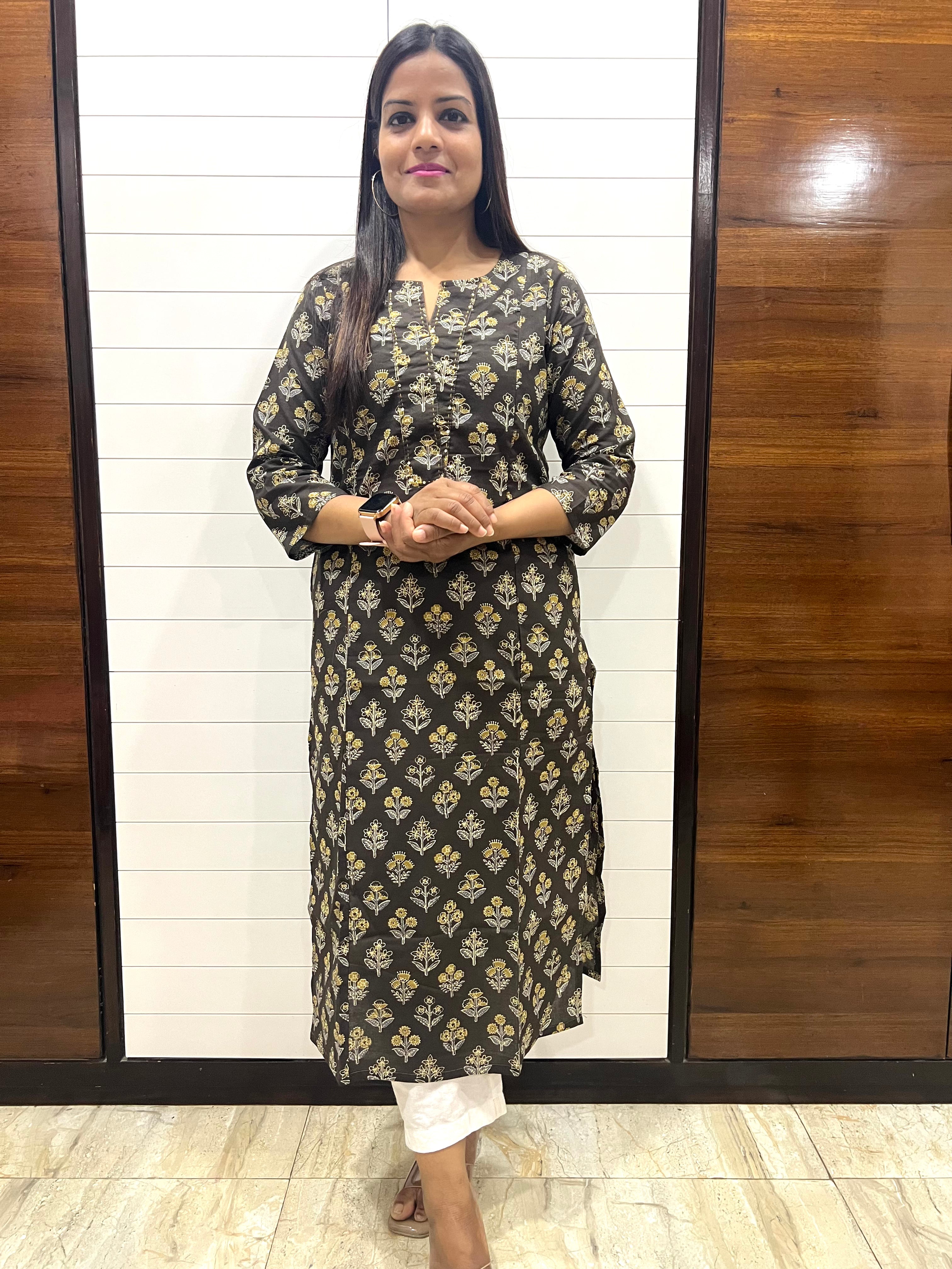Black Jaipuri Boota Print Pure Cotton Feeding Kurta with Side Pocket