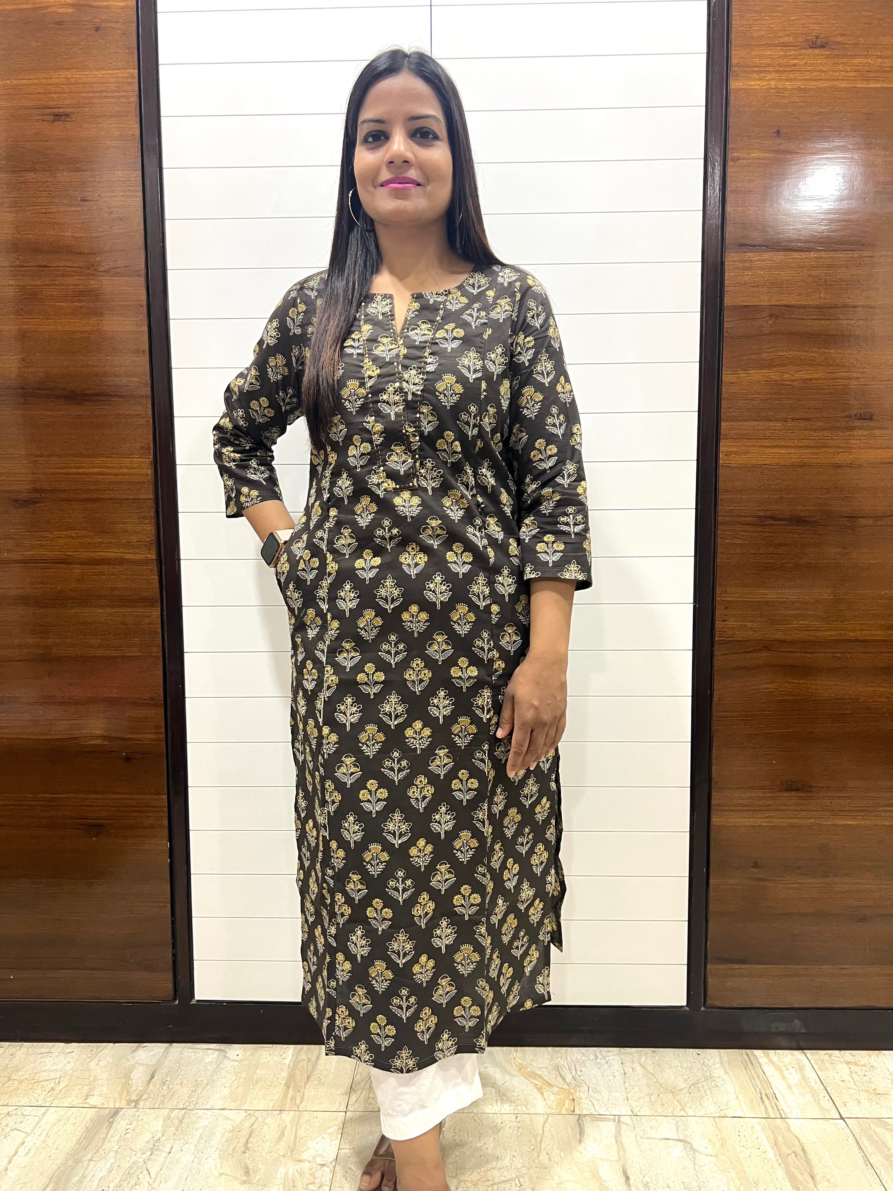 Black Jaipuri Boota Print Pure Cotton Feeding Kurta with Side Pocket