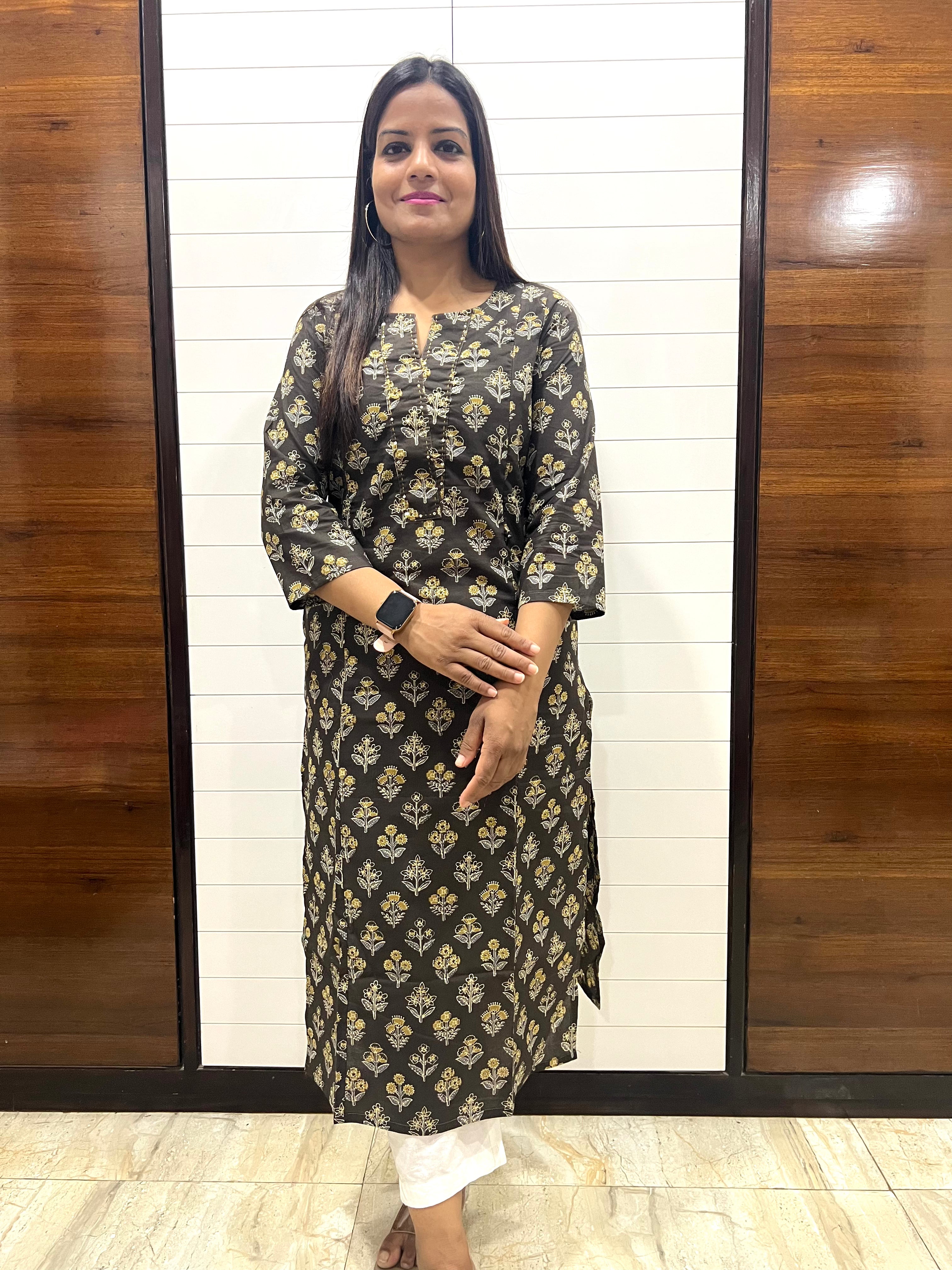 Black Jaipuri Boota Print Pure Cotton Feeding Kurta with Side Pocket