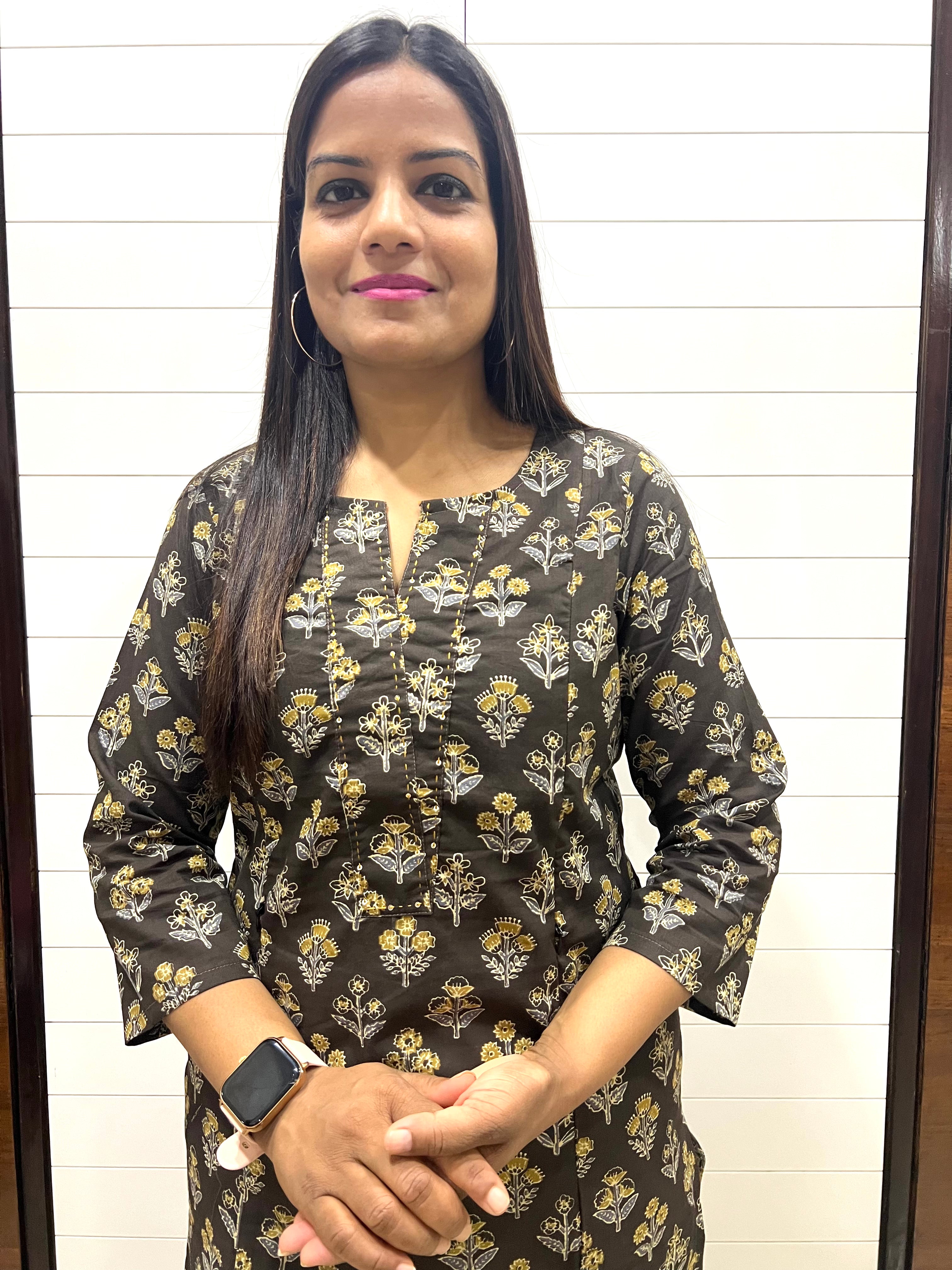 Black Jaipuri Boota Print Pure Cotton Feeding Kurta with Side Pocket