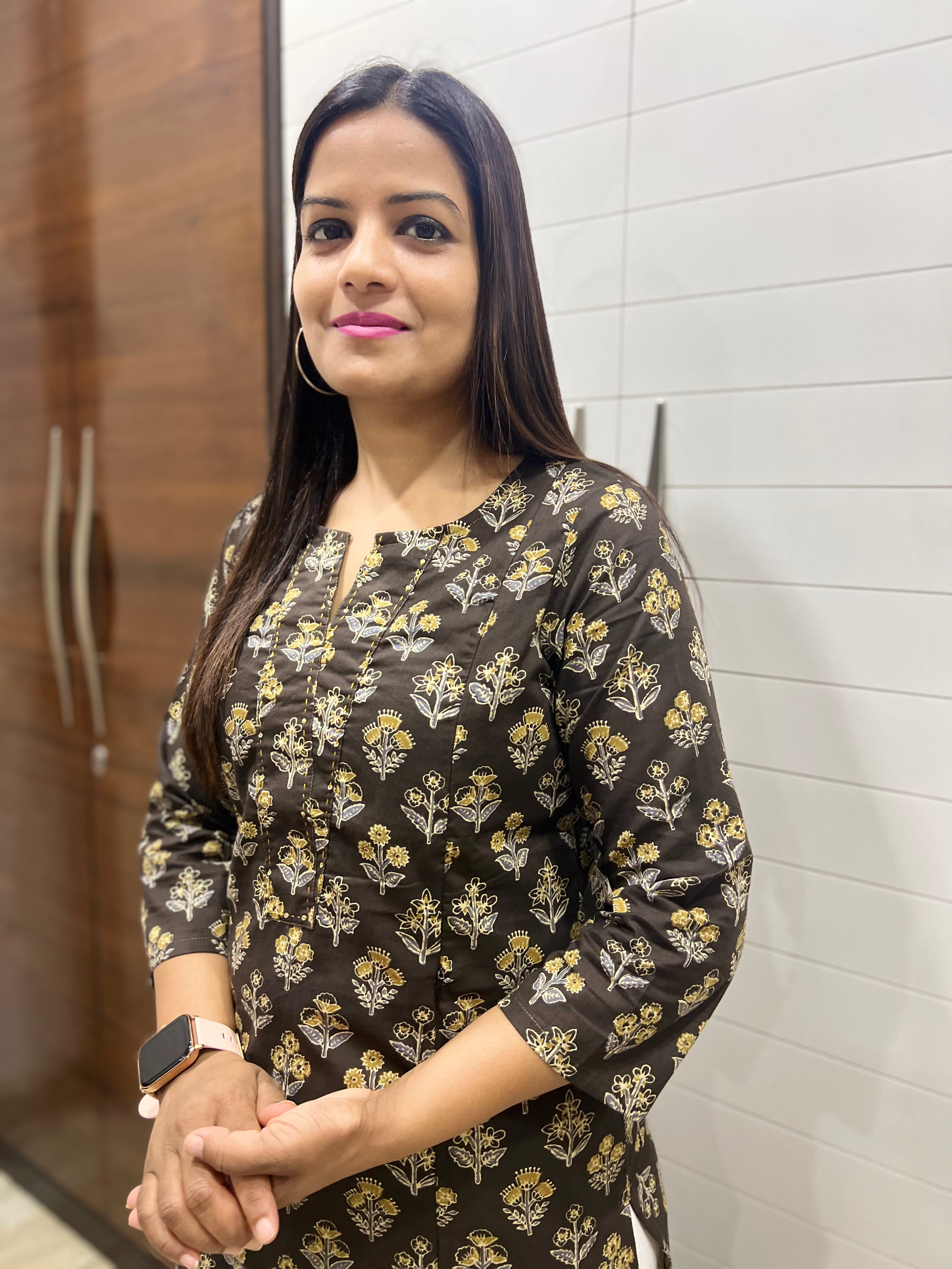 Black Jaipuri Boota Print Pure Cotton Feeding Kurta with Side Pocket