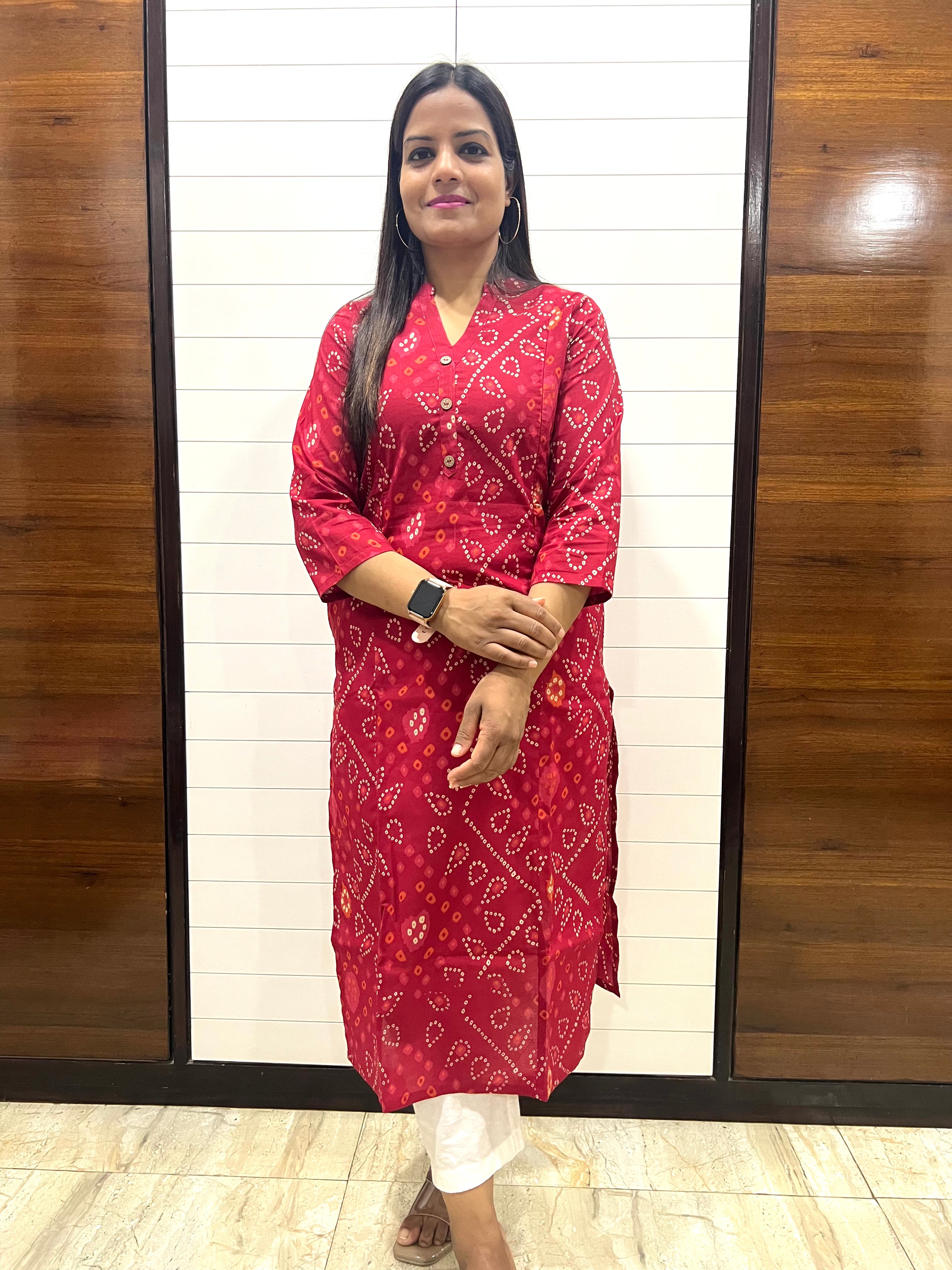 Mumzhug Red Bandhej Pure Cotton Feeding Kurta with Side Pocket