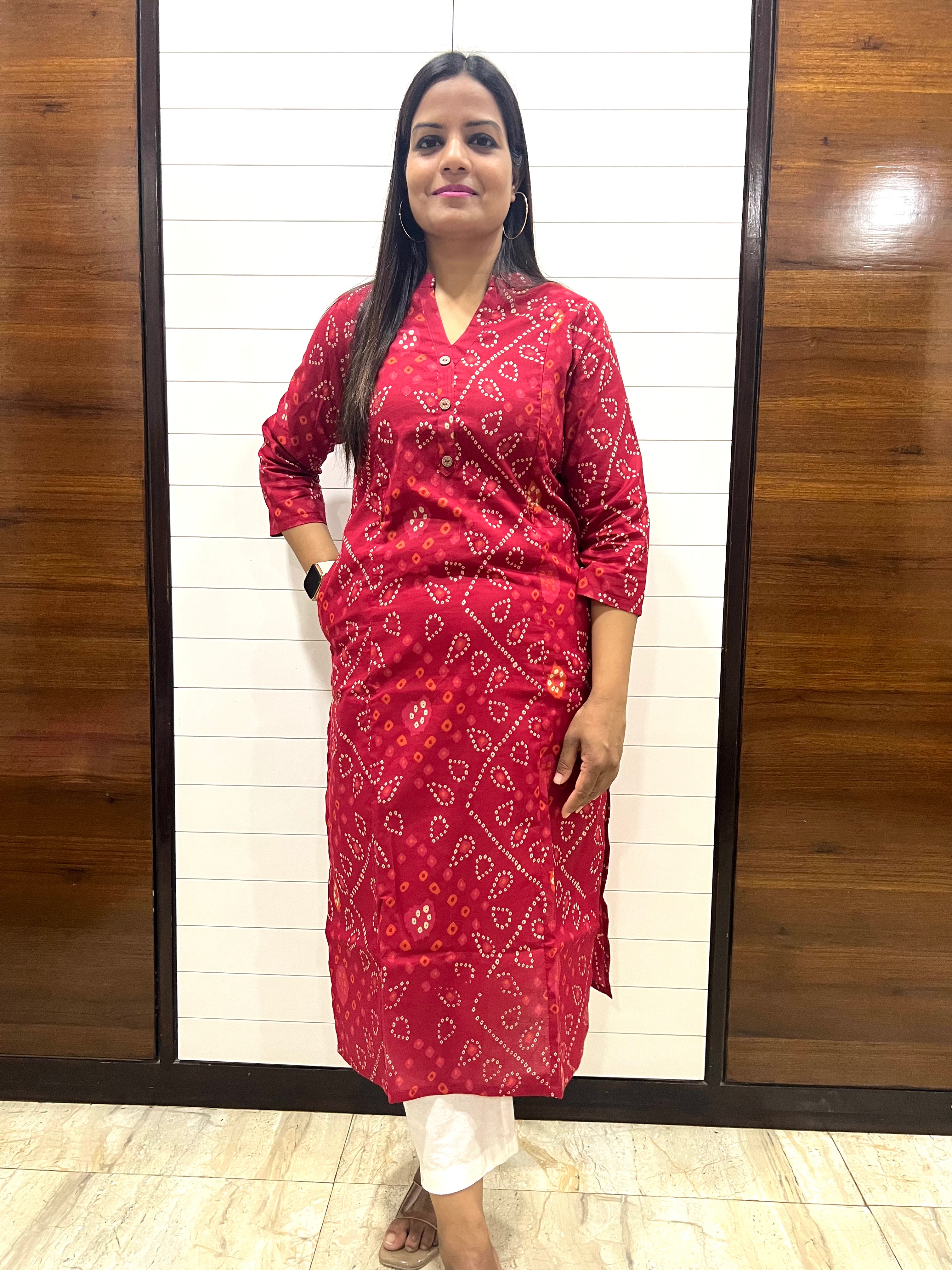 Mumzhug Red Bandhej Pure Cotton Feeding Kurta with Side Pocket