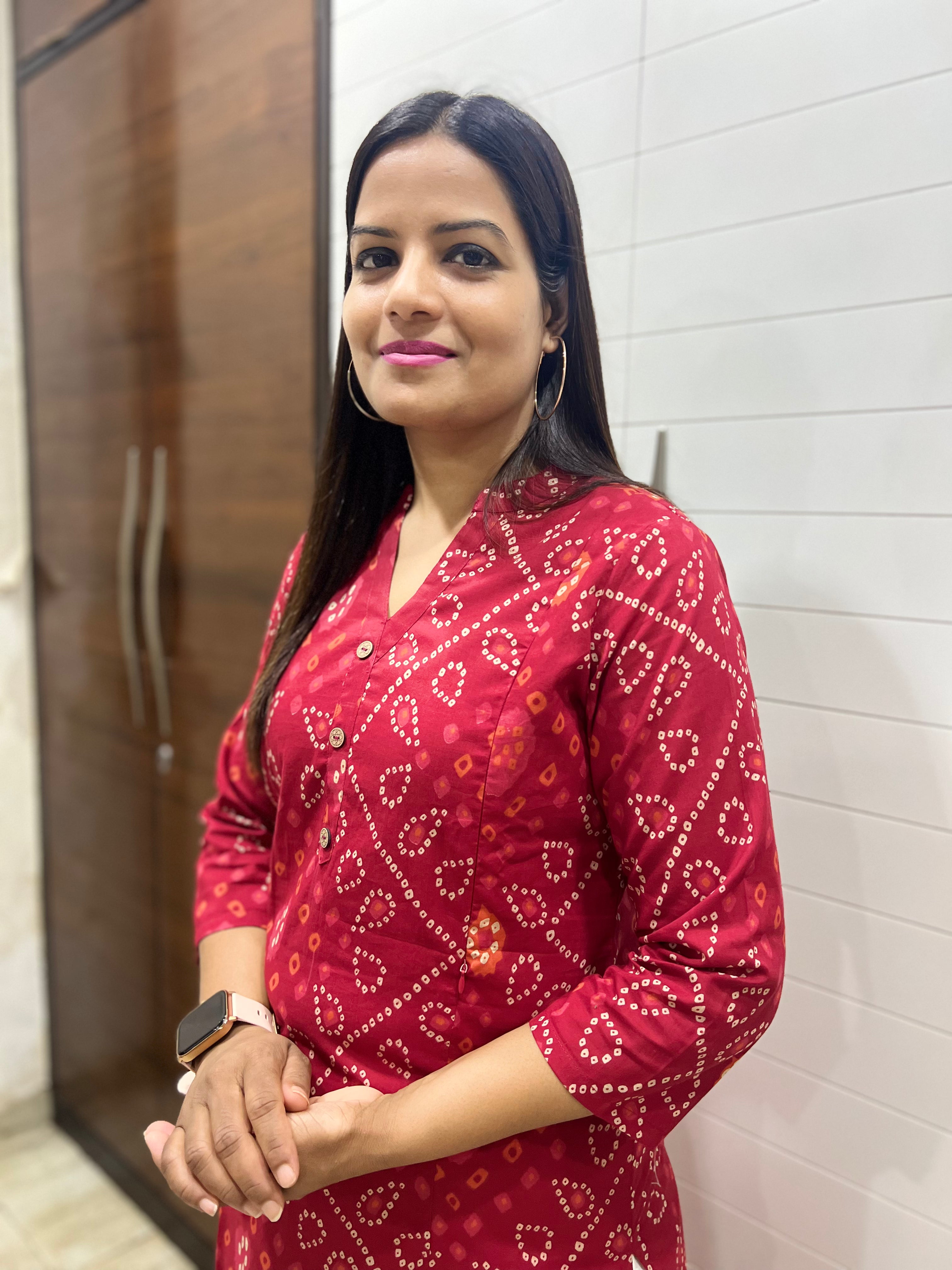 Mumzhug Red Bandhej Pure Cotton Feeding Kurta with Side Pocket