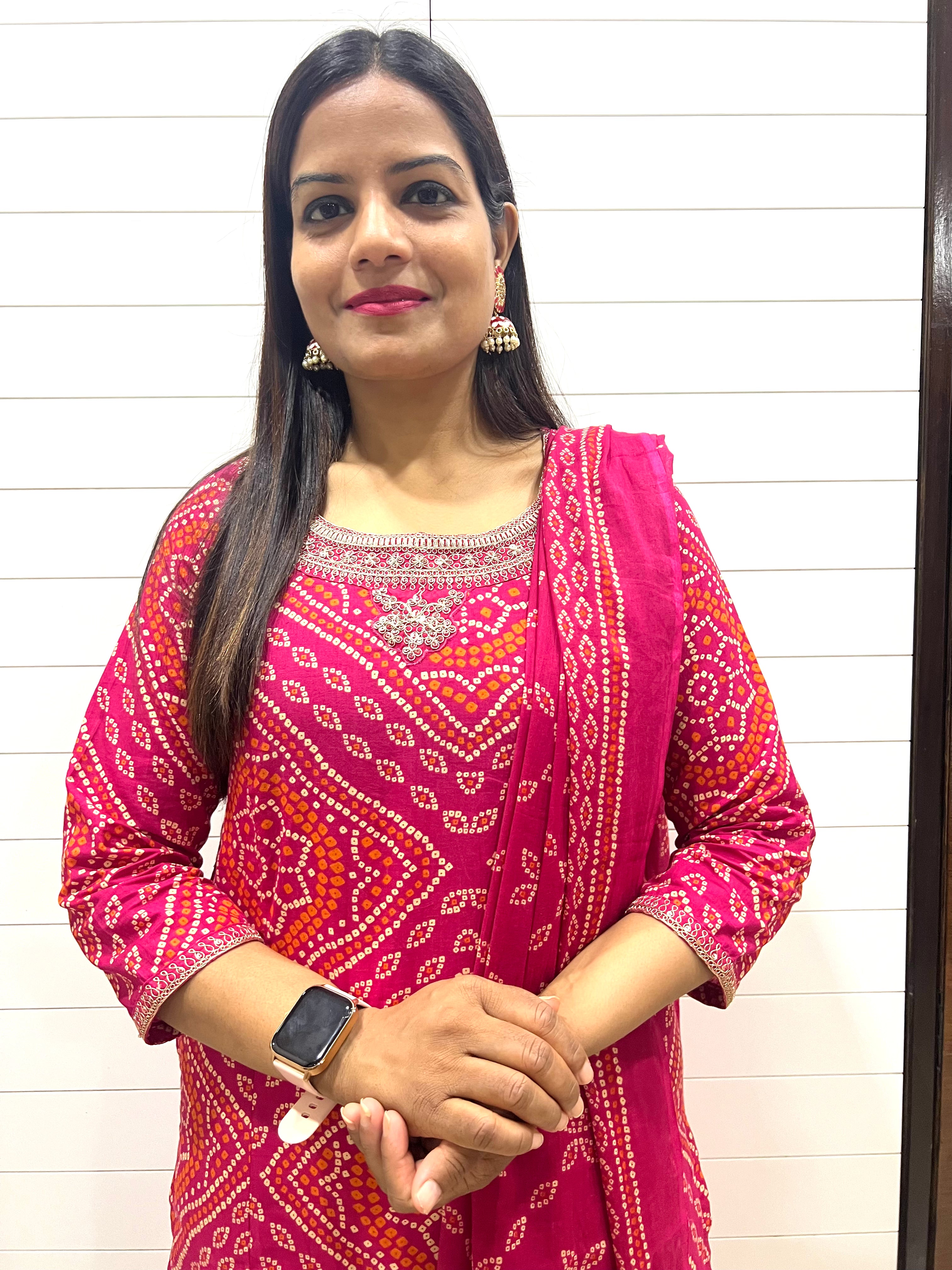 Mumzhug Pure Cotton Bandhej Print Embroidered Kurta Pant and Dupatta Set with Feeding Zipper