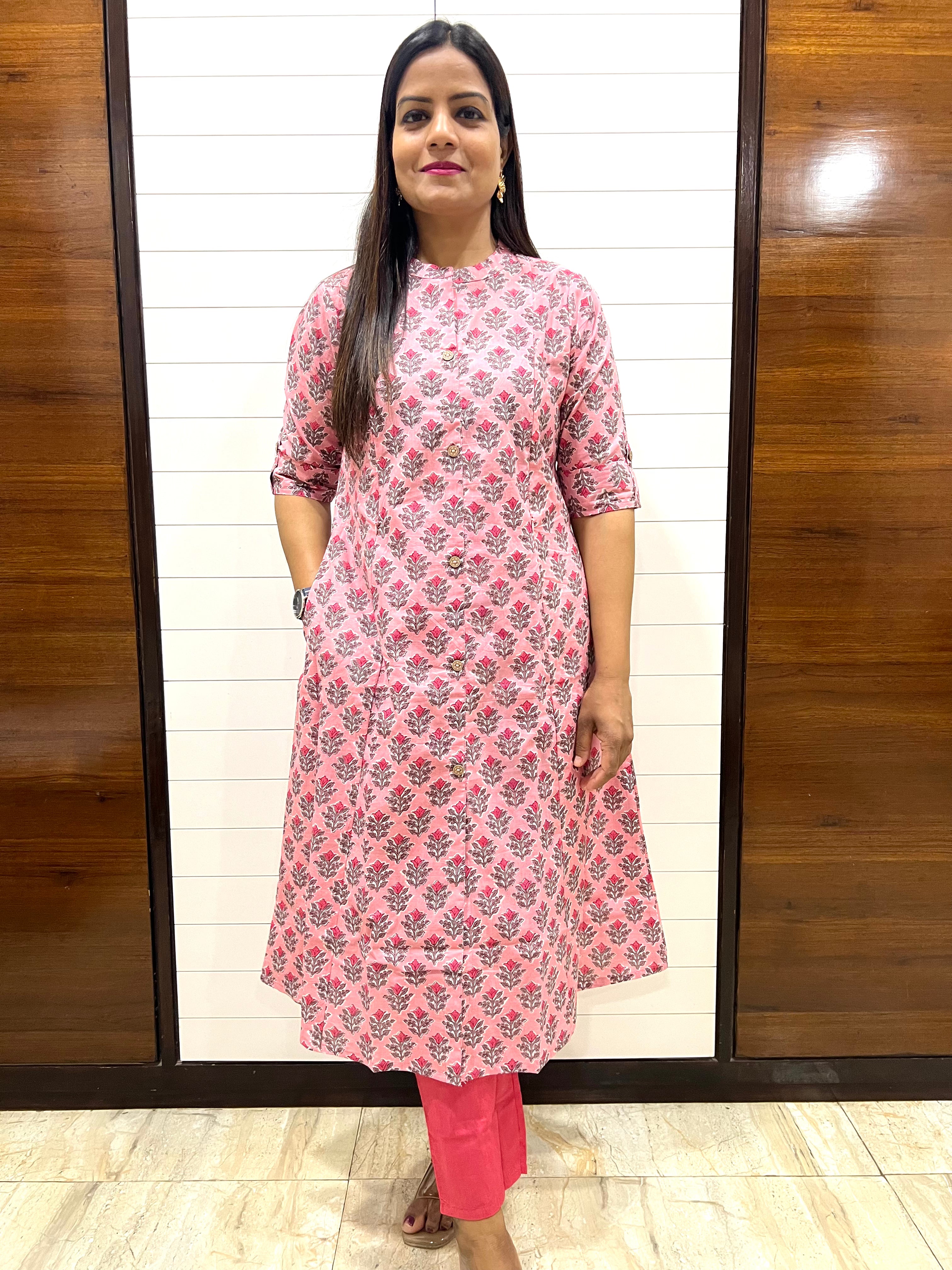 Mumzhug Pink Color Pure Cotton Jaipuri Print Feeding Cord Set with Side Pocket