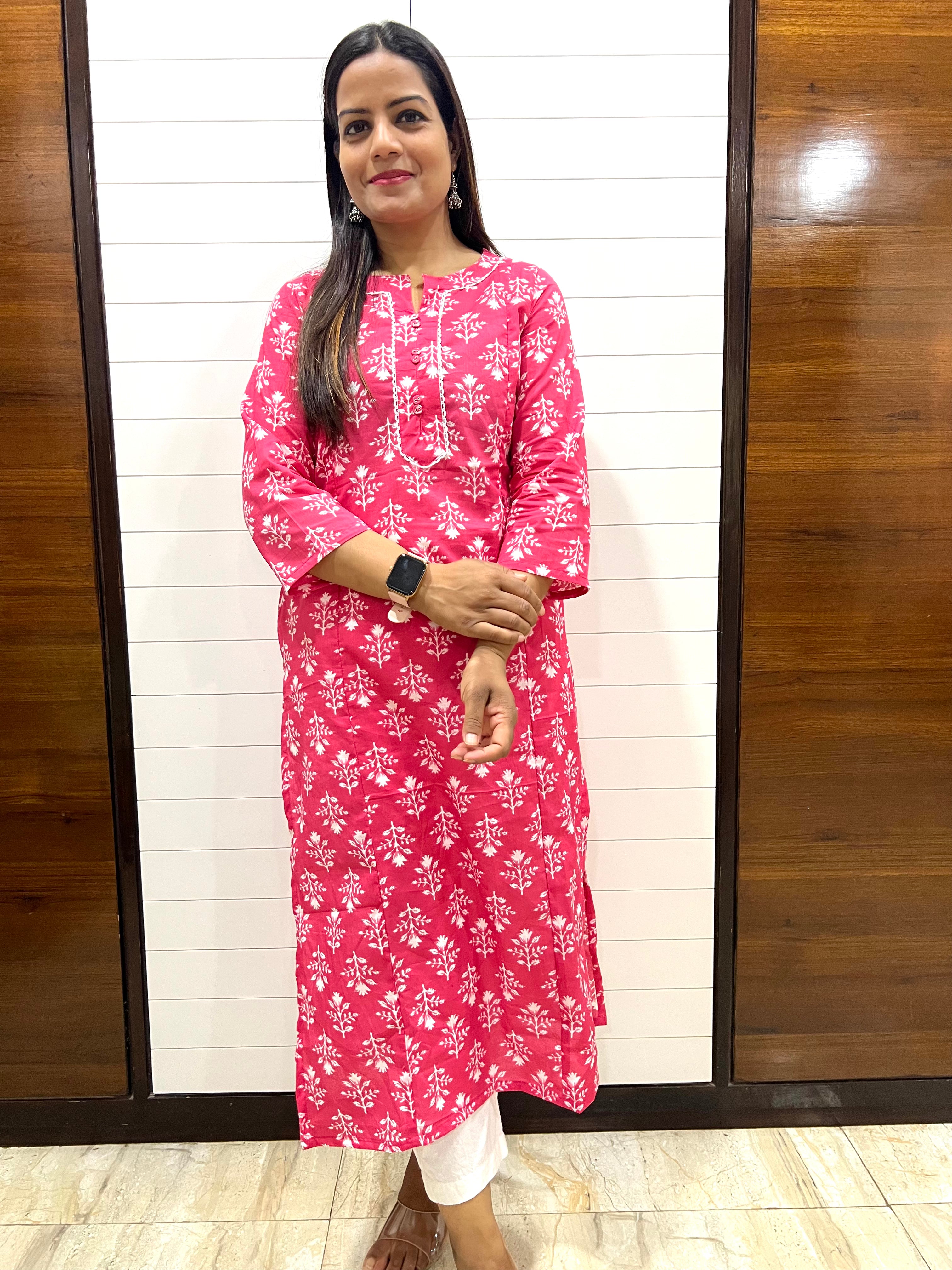 Mumzhug Peach Color Pure Cotton Jaipuri Print Feeding Kurta with Side Pocket