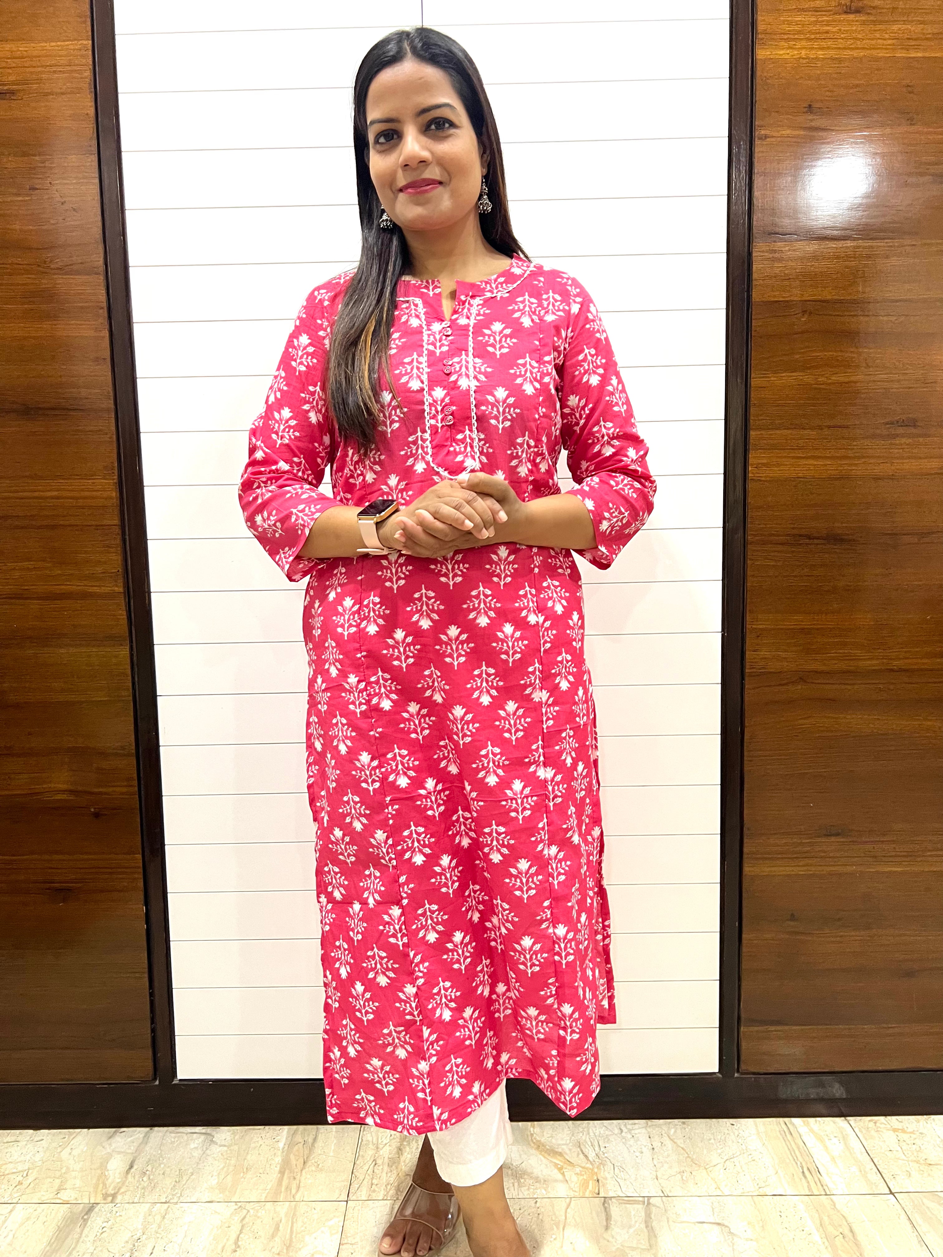 Mumzhug Peach Color Pure Cotton Jaipuri Print Feeding Kurta with Side Pocket