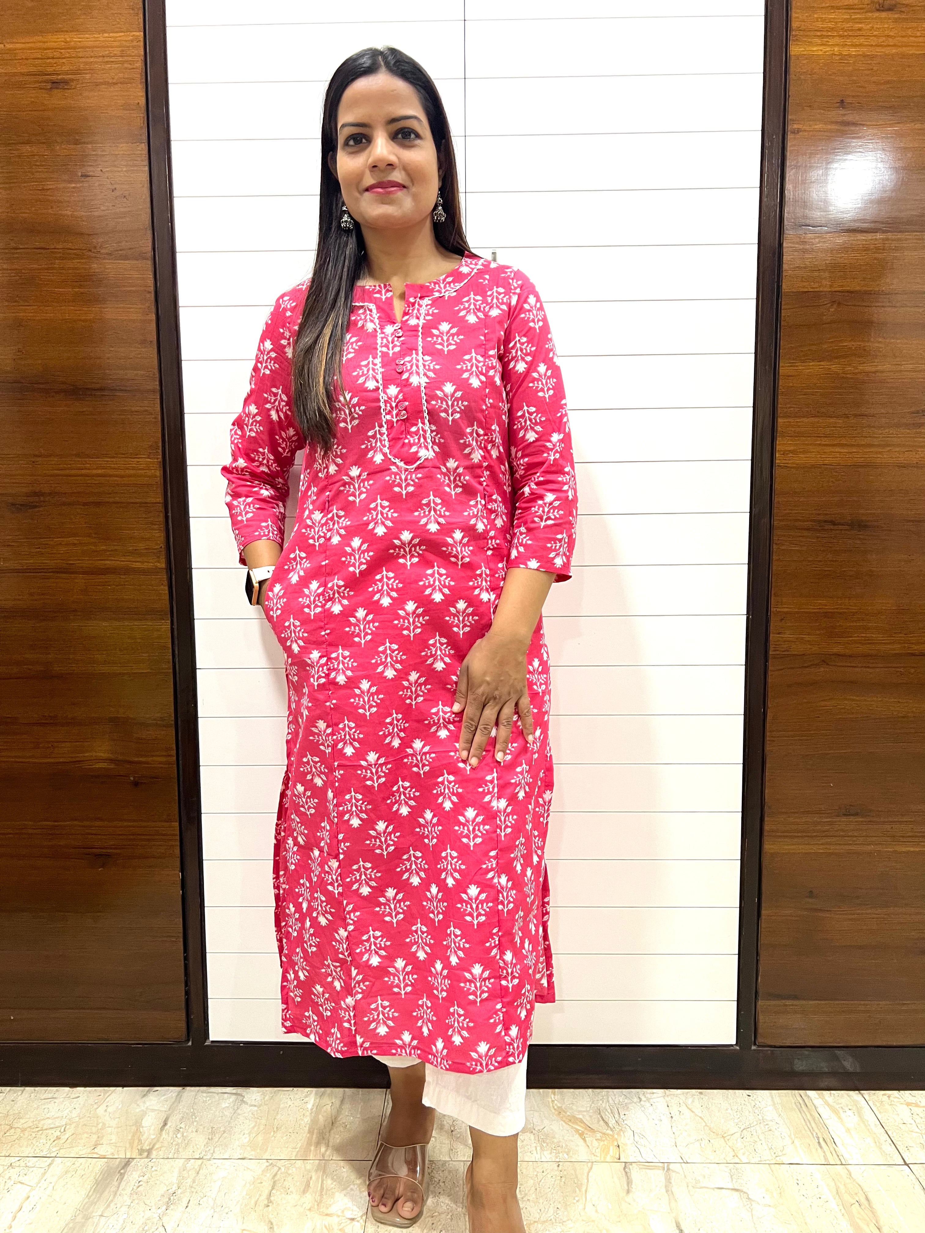 Mumzhug Peach Color Pure Cotton Jaipuri Print Feeding Kurta with Side Pocket
