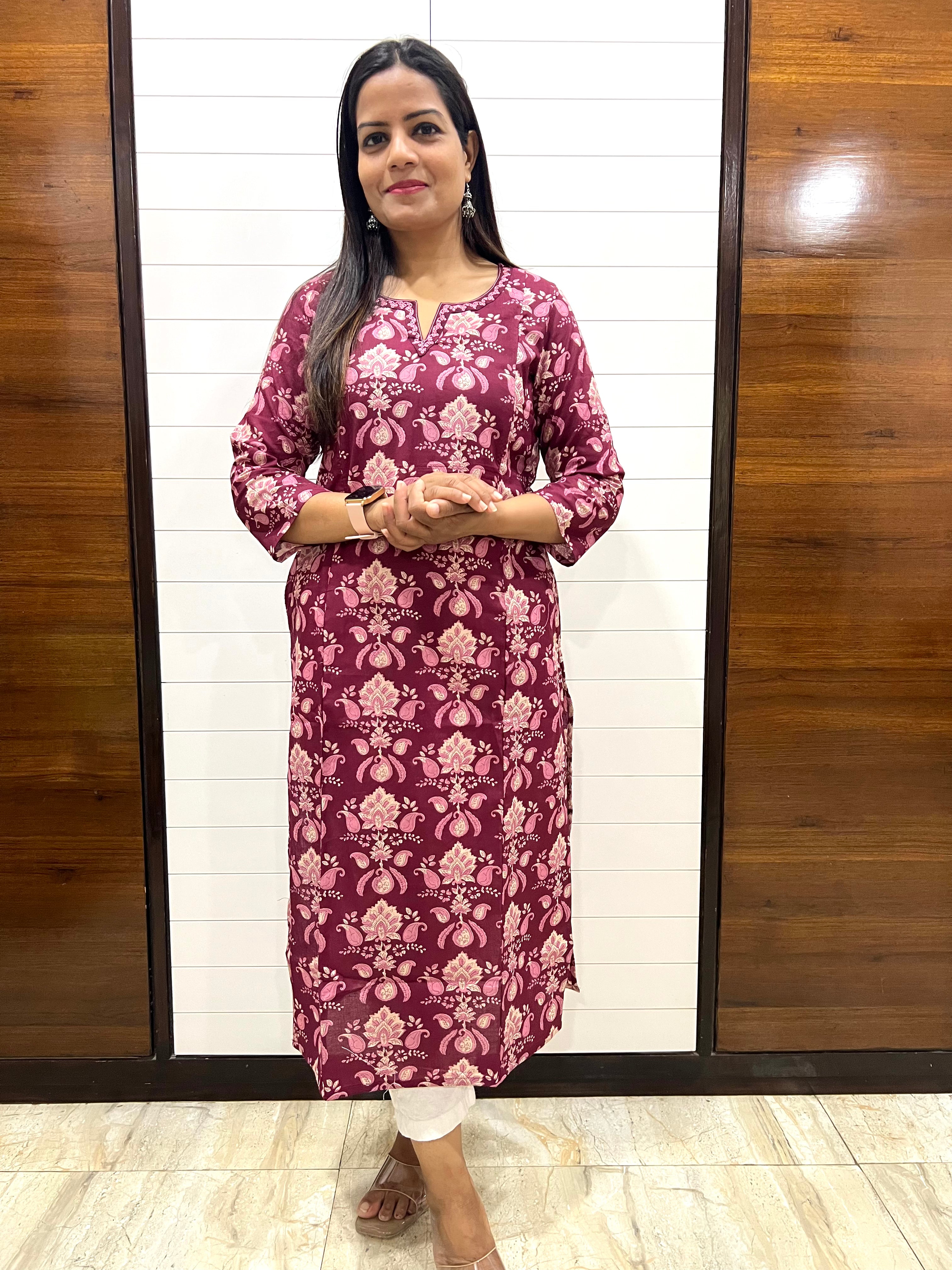 Mumzhug Wine Color  Pure Cotton Jaipuri Floral Print Feeding Kurta with Side Pocket